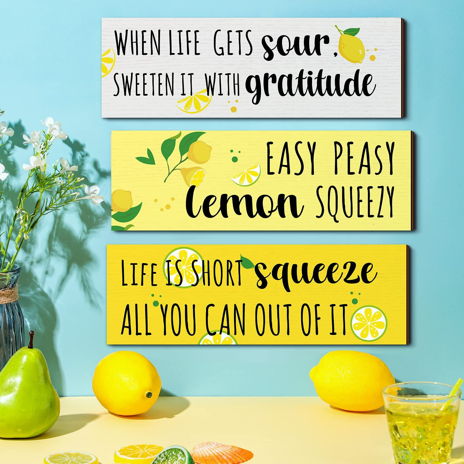 Yulejo 3 Pieces Lemon Wood Sign Lemon Kitchen Decor Inspirational Quote Wall Decor Summer Gift Farmhouse Porch Decoration Lemon Accessories For Home Bedroom Bathroom Kitchen Decor