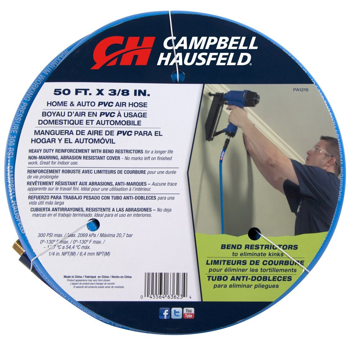 Campbell Hausfeld 3/8"" Pvc 50 Foot Air Hose With Bend Restrictors (Pa121600Av) , Blue