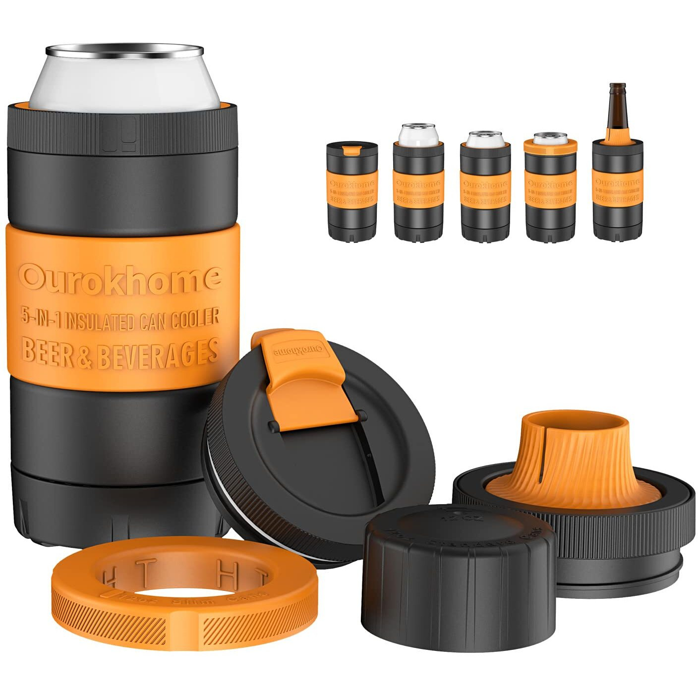 Ourokhome Insulated Can Cooler Freezer Mug, 5 In 1 Stainless Steel Beverage Cup For Beer, Skinny Drinks Can And Bottles, 100% Leak Proof Iced Coffee Tumbler With Lid, Yellow