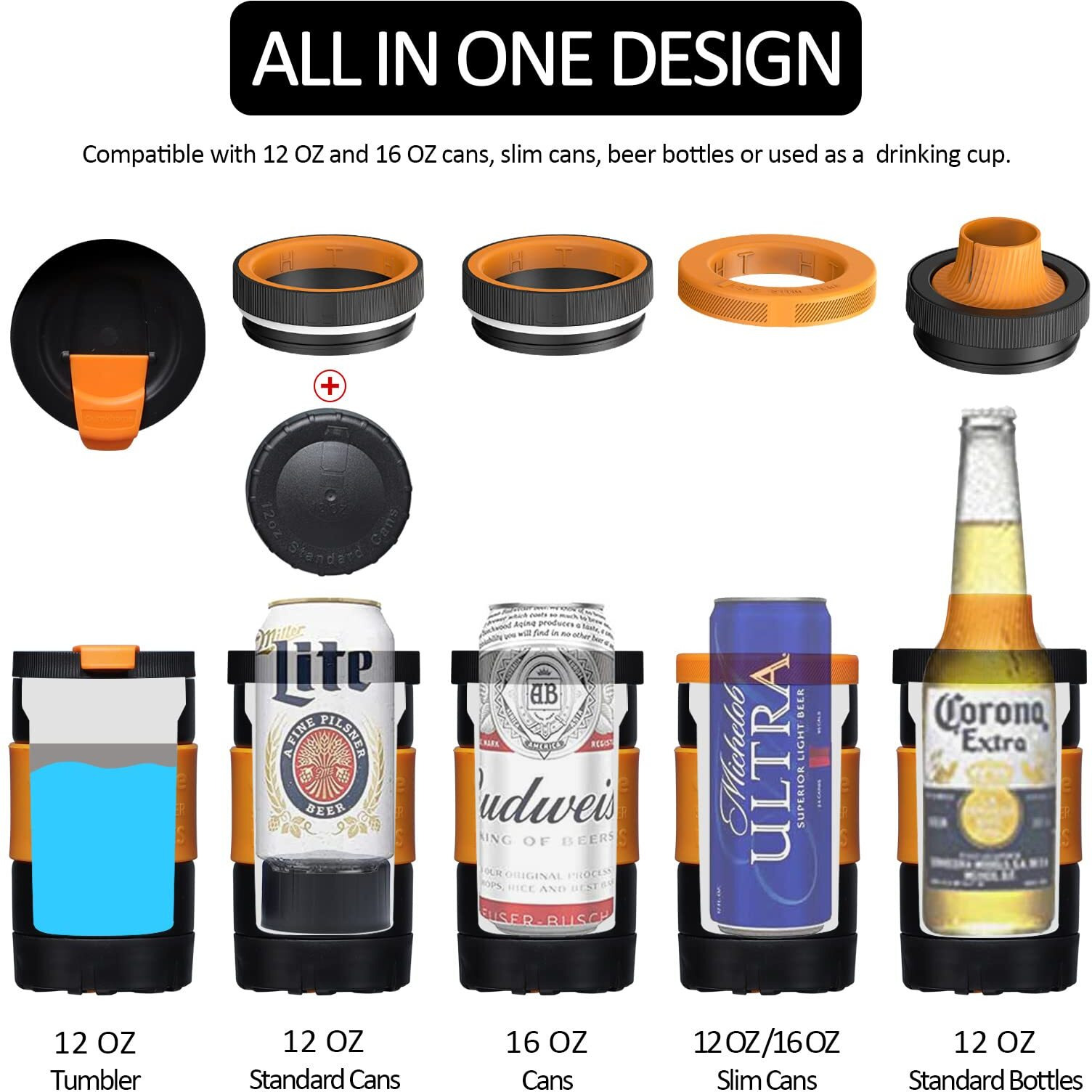 Ourokhome Insulated Can Cooler Freezer Mug, 5 In 1 Stainless Steel Beverage Cup For Beer, Skinny Drinks Can And Bottles, 100% Leak Proof Iced Coffee Tumbler With Lid, Yellow