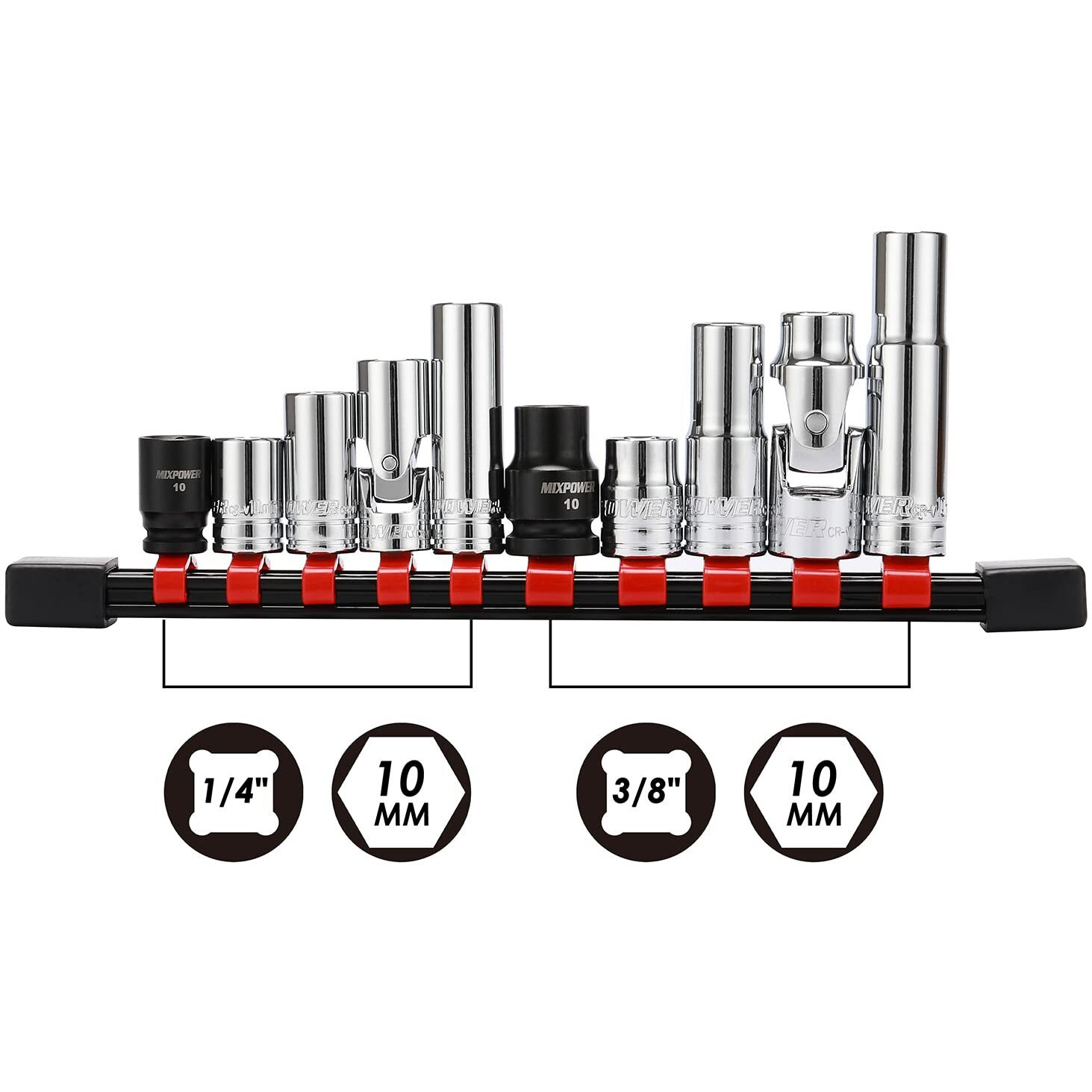 Mixpower 10Pcs 1/4"" & 3/8"" Drive 10Mm 6 Point Single Size Socket Set, 10Mm Socket Set, Magnetic Socket, Universal Joint, Deep& Standard Socket