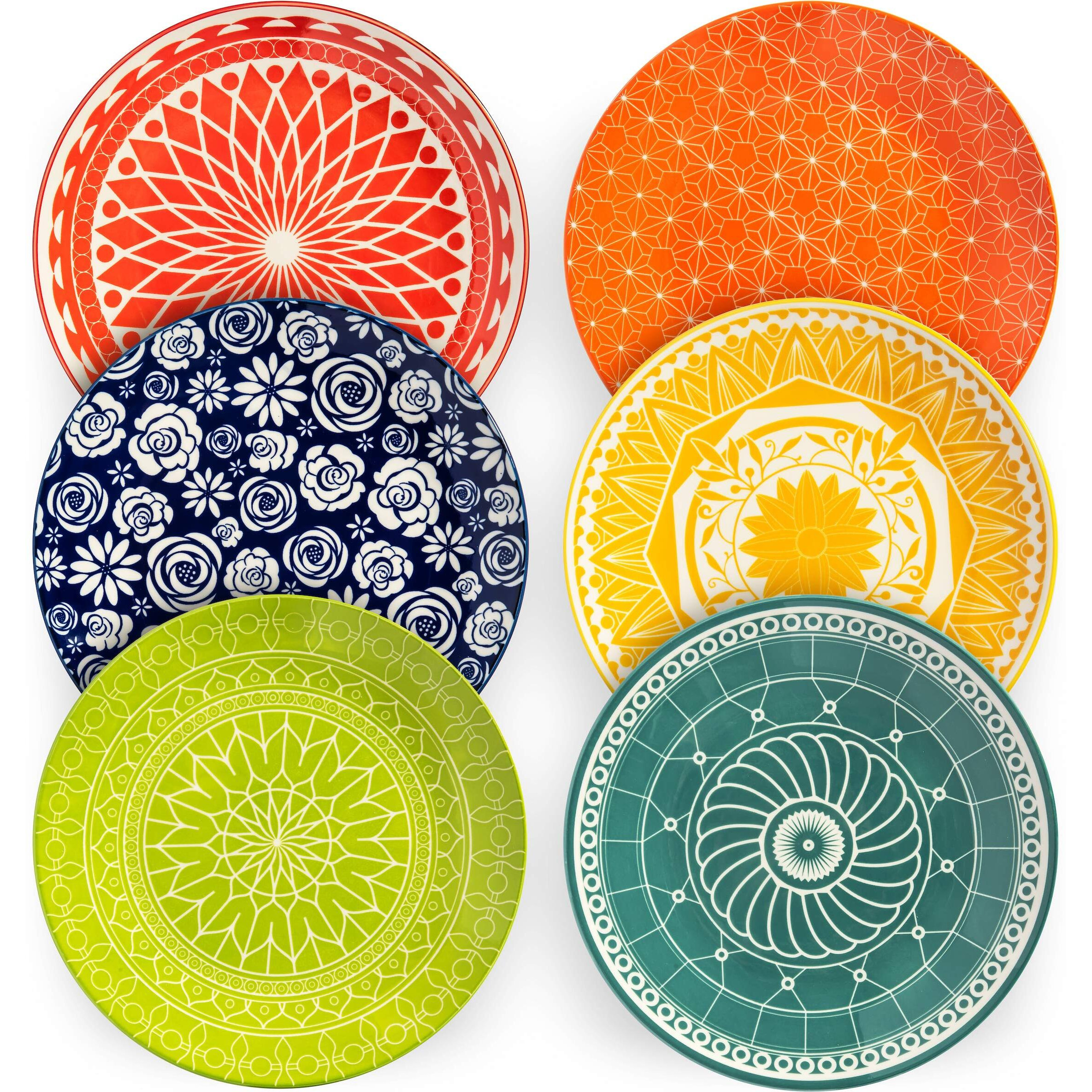 Annovero Dinner Plates, Large Colorful Cute Decorative Porcelain Dinnerware For Salad, Pasta, Serving Dishes For Entertaining, Microwavable, 10.5 Inch Diameter, Set Of 6