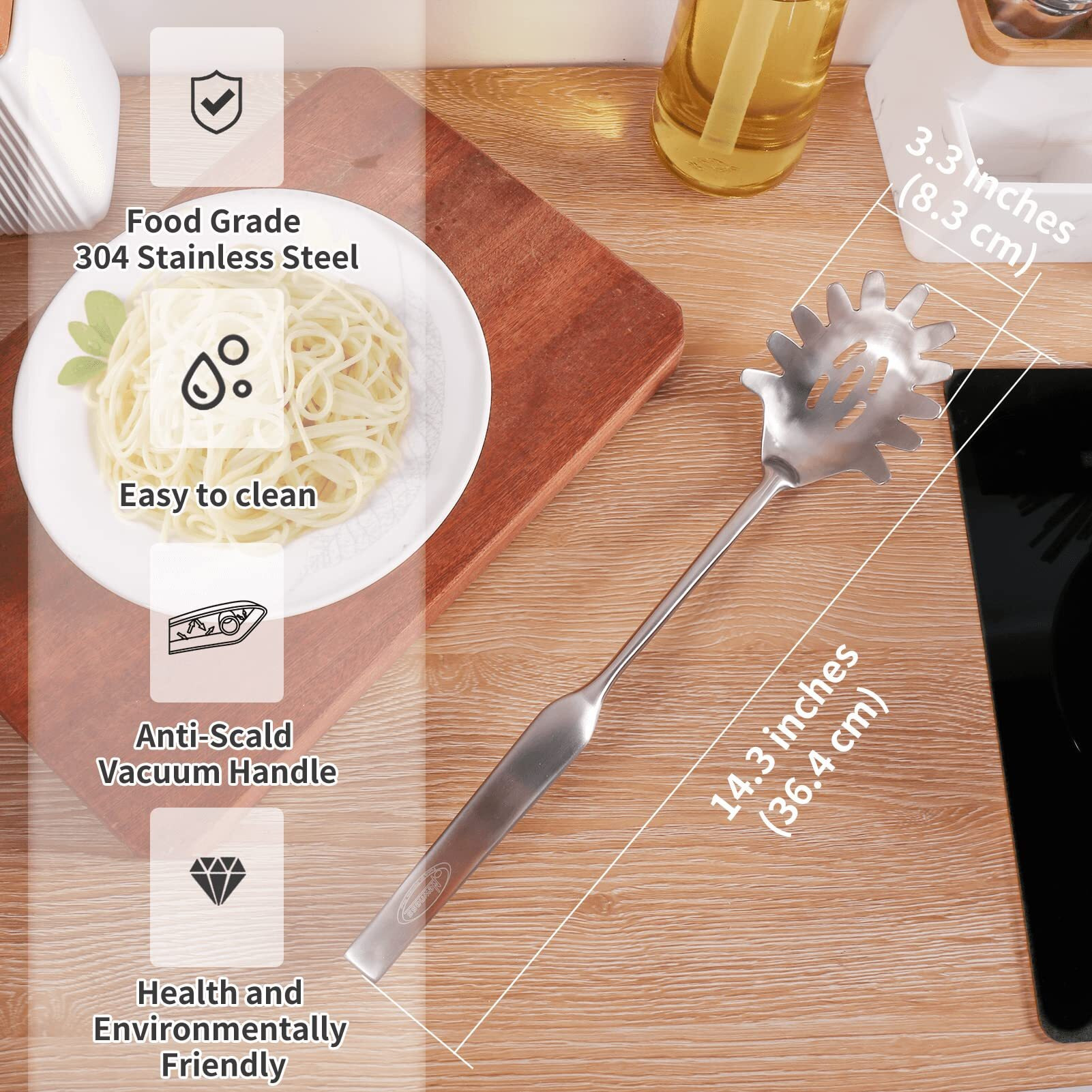 Spaghetti Server, [Rustproof, Integral Forming, Durable] Newness 304 Stainless Steel Pasta Fork With Vacuum Ergonomic Handle, Comfortable Grip Design Spaghetti Server For Kitchen, 14.33 Inches