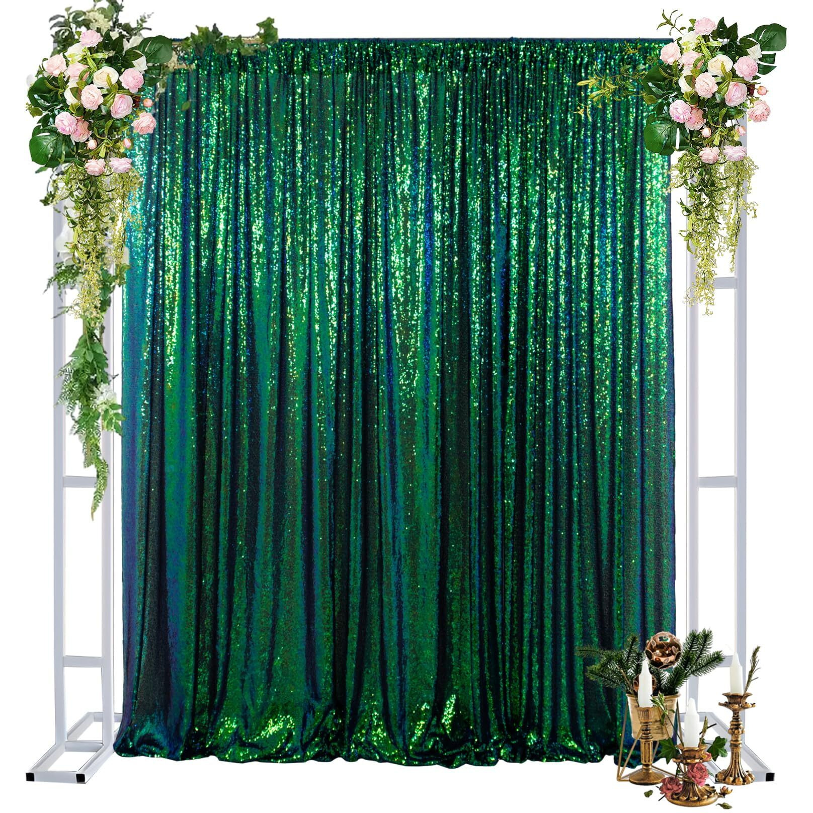 Duobao Sequin Backdrop Curtain 4Ftx7Ft Colorful Green Glitter Sequin Backdrop Wedding Ceremony Backdrop Sequin Shimmer Wall Background Baby Shower Background (4Ftx7Ft, Colorful Green)