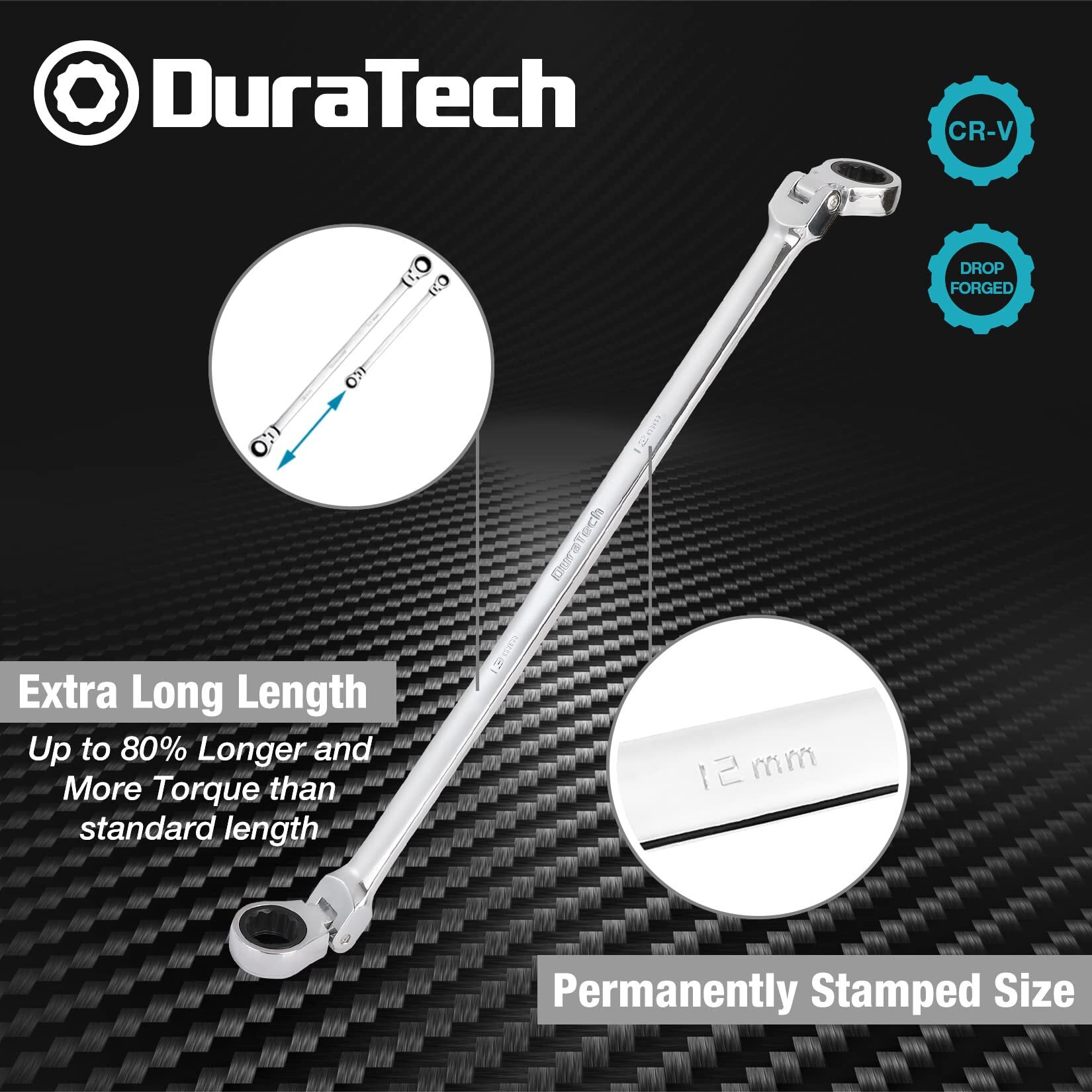 Duratech 12 * 13Mm Extra Long Flex-Head Ratcheting Wrench, Metric, Cr-V Steel