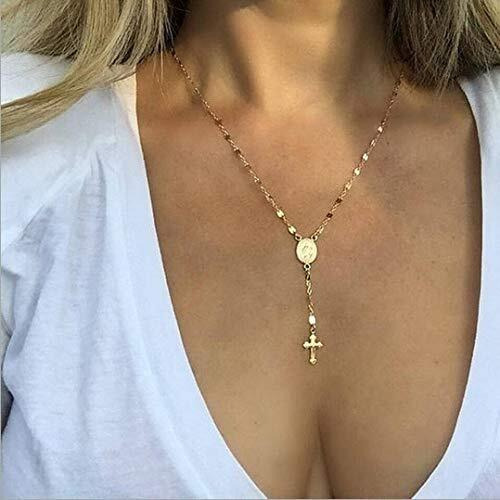 Kercisbeauty Rosary Cross And Mary Necklace Long Chain Necklace For Women Gold Y Necklace (Rose Gold)