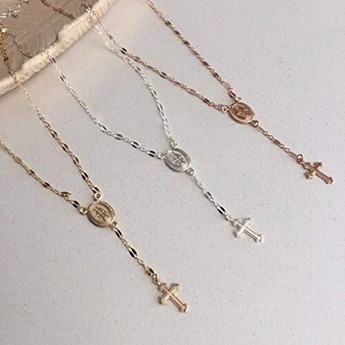Kercisbeauty Rosary Cross And Mary Necklace Long Chain Necklace For Women Gold Y Necklace (Rose Gold)