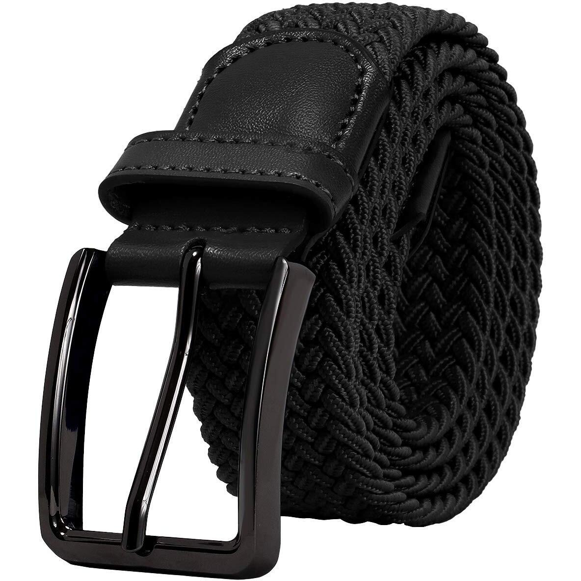 Falari Men Women Multicolored Elastic Stretch Braided Belt Canvas Fabric Woven No Holes Belt (1004 - Black, Medium)