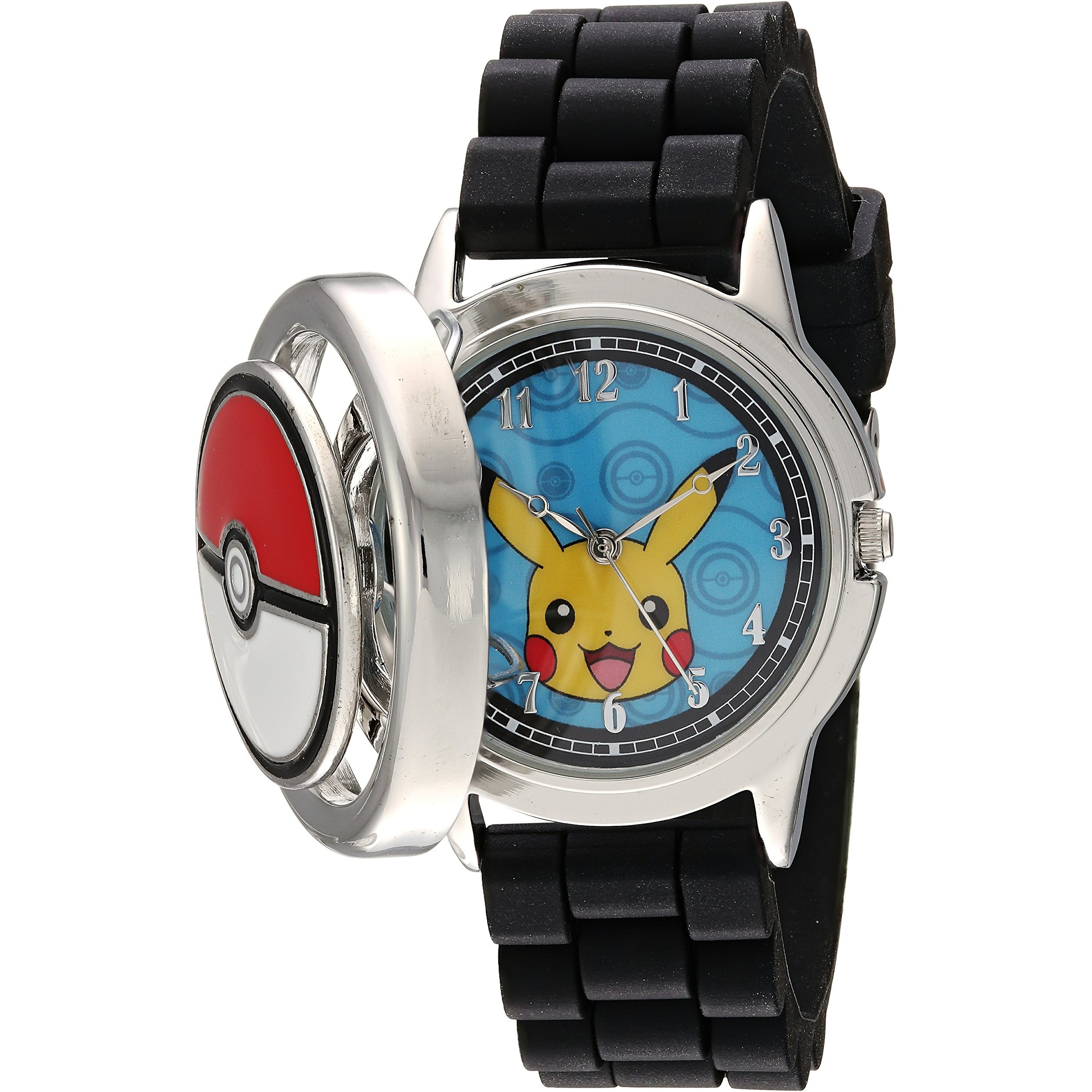 Accutime Pokemon Pikachu Pok   Ball Spinner Watch, Blue Face, Black Silicone Strap, Quartz Movement, Fun Gift For All Ages - (Pok9025Az)