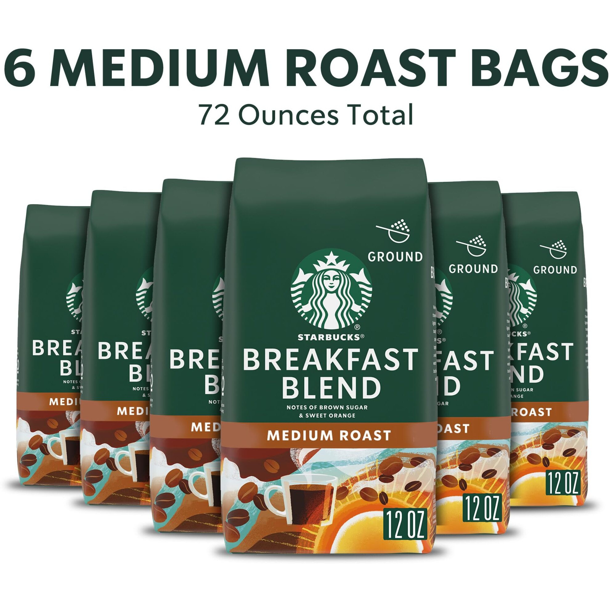 Starbucks Ground Coffee, Medium Roast Coffee, Breakfast Blend, 100% Arabica, 6 Bags (12 Oz. Each)