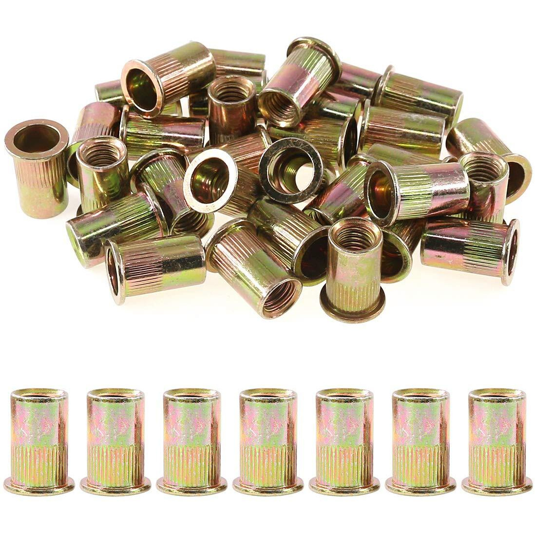 Rustark 50-Pcs 1/2''-13Unc Mixed Zinc Plated Carbon Steel Rivet Nut Flat Head Insert Nutsert Assortment Kit