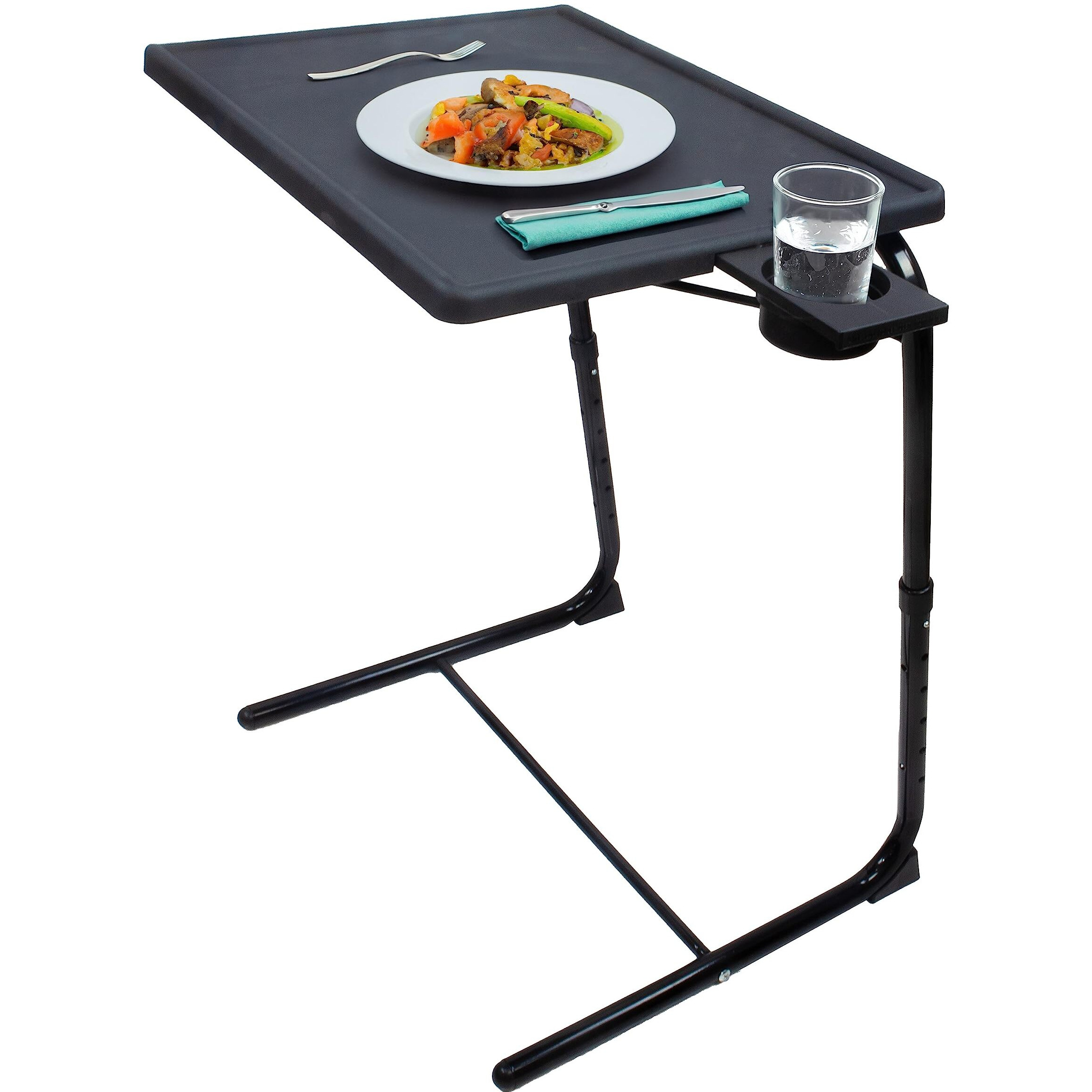 Portable Foldable Tv Tray Table Deluxe - Laptop, Eating, Drawing Tray Table Stand With Adjustable Tray With Sliding Adjustable Cup Holder (Black)