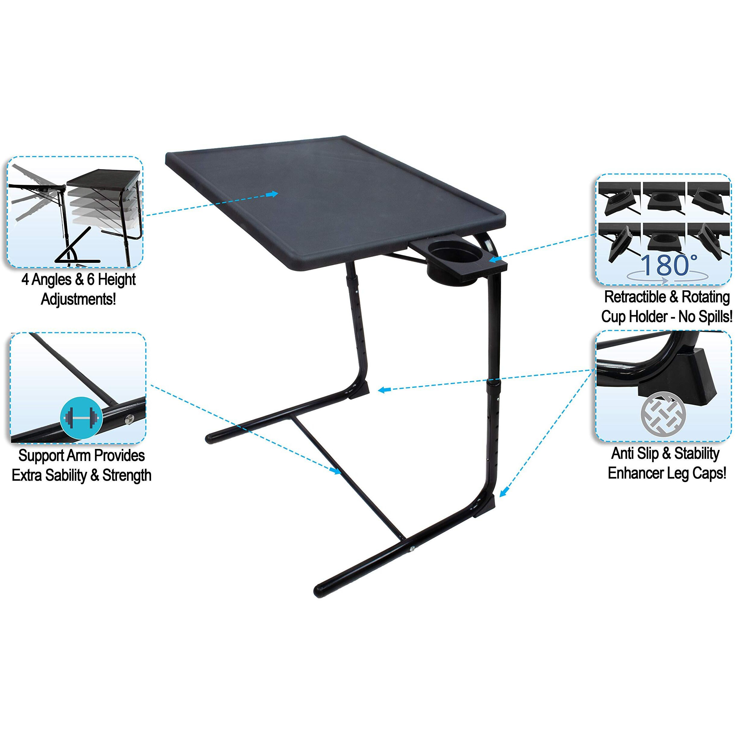 Portable Foldable Tv Tray Table Deluxe - Laptop, Eating, Drawing Tray Table Stand With Adjustable Tray With Sliding Adjustable Cup Holder (Black)