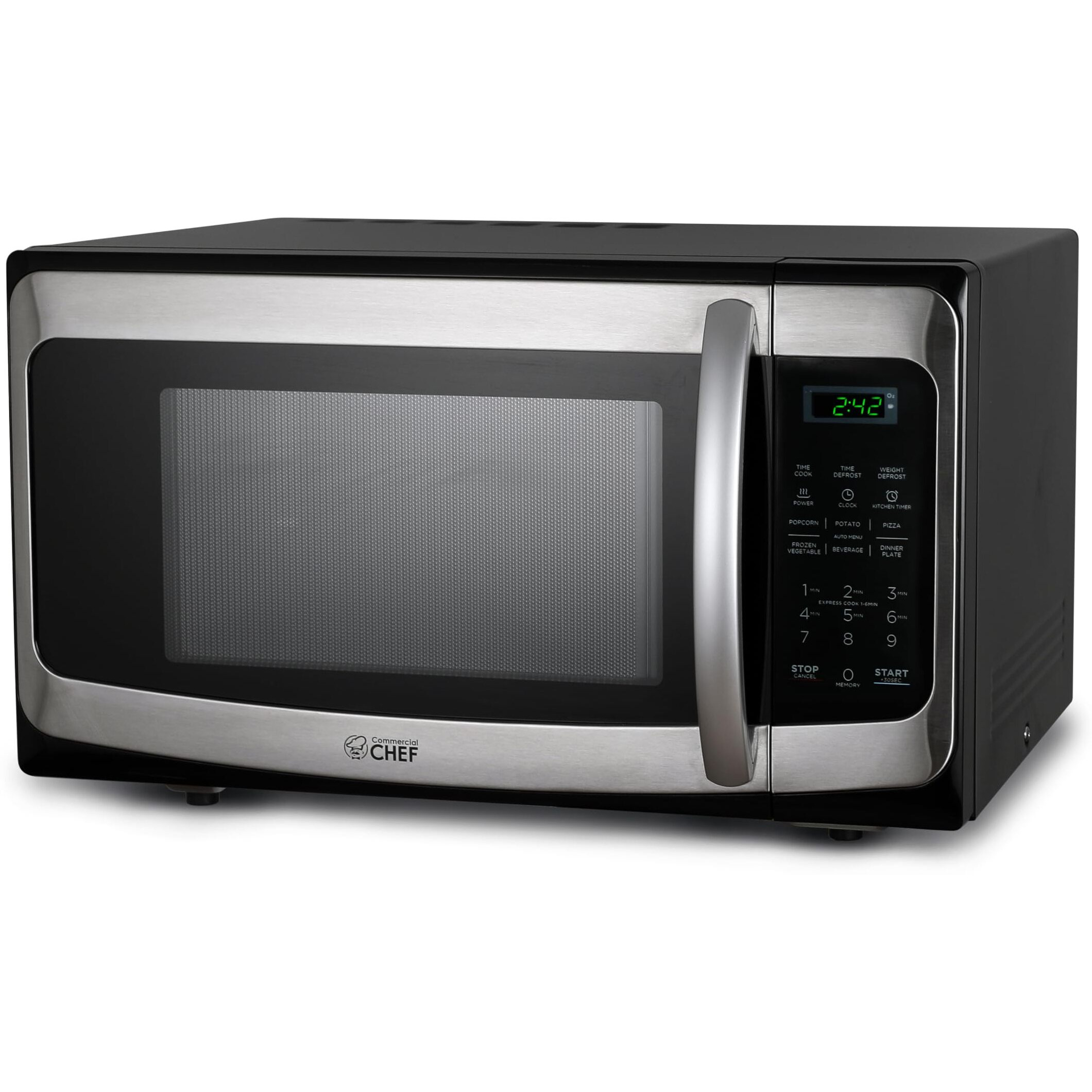 Commercial Chef 1.1 Cu Ft Microwave With 10 Power Levels, Microwave 1000W With Push Button Door Lock, Countertop Microwave With Microwave Turntable And Digital Controls, Stainless Steel