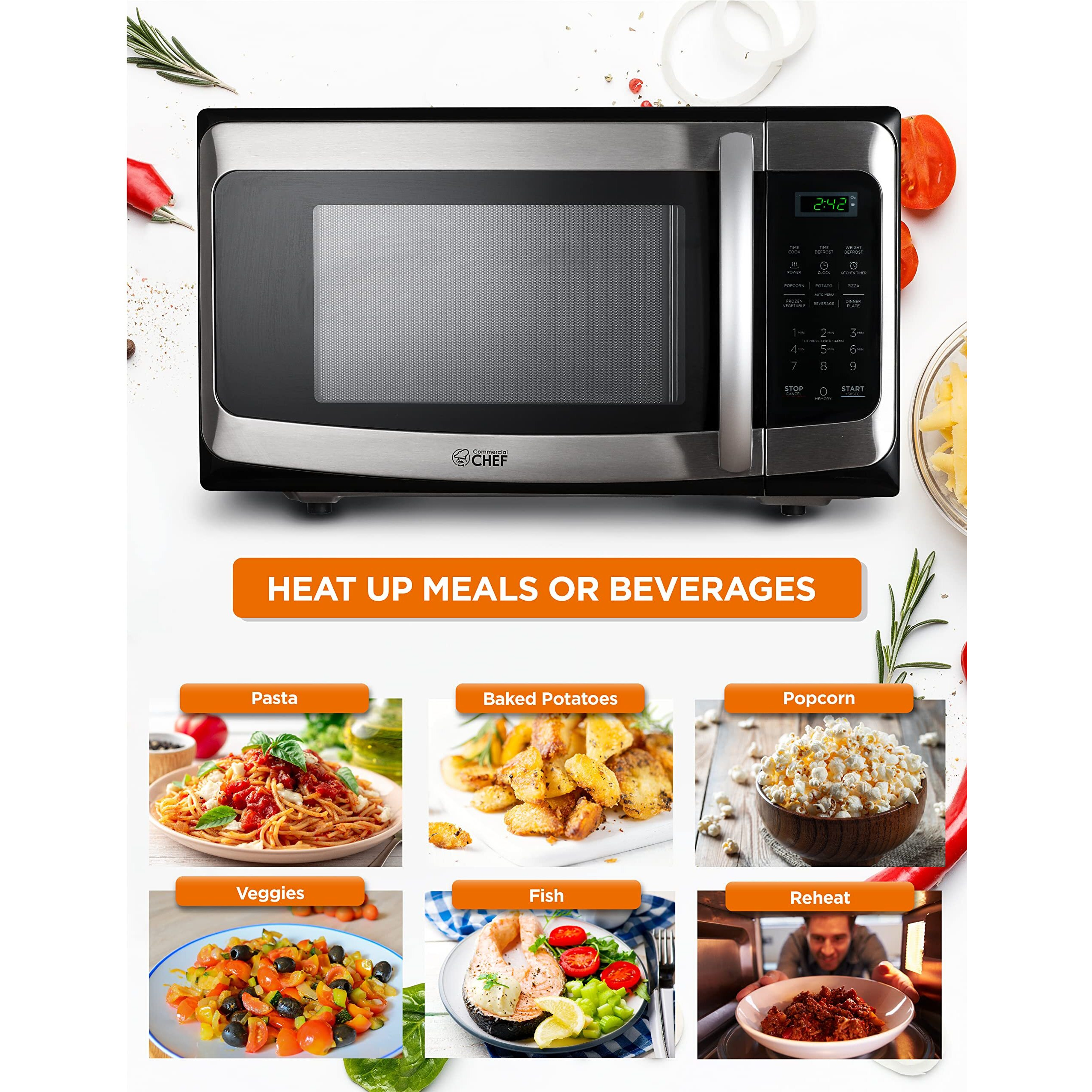 Commercial Chef 1.1 Cu Ft Microwave With 10 Power Levels, Microwave 1000W With Push Button Door Lock, Countertop Microwave With Microwave Turntable And Digital Controls, Stainless Steel