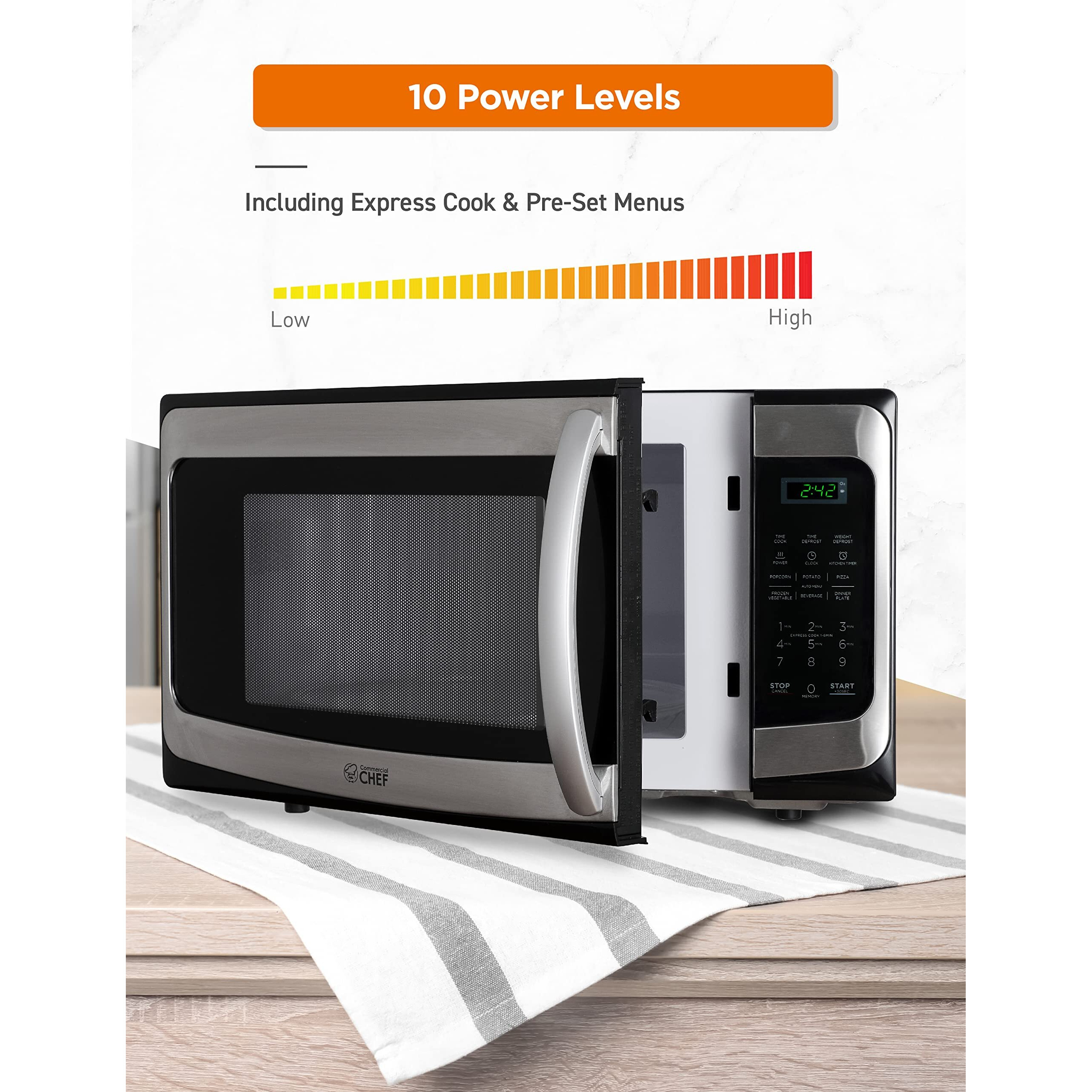 Commercial Chef 1.1 Cu Ft Microwave With 10 Power Levels, Microwave 1000W With Push Button Door Lock, Countertop Microwave With Microwave Turntable And Digital Controls, Stainless Steel
