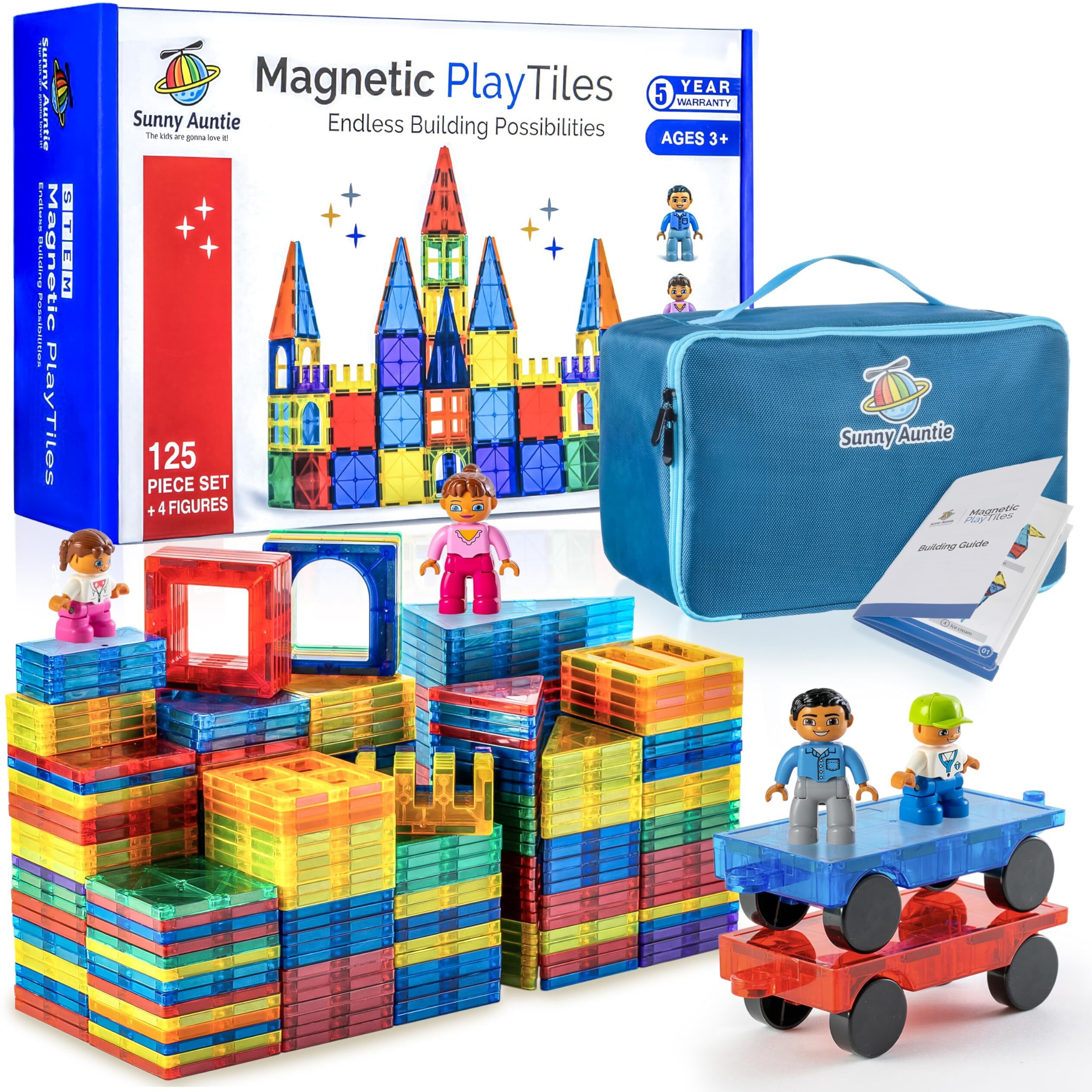 Magnetic Tiles 125 Pcs +4 Figures, Magnetic Tiles For Kids, Toy For 3 4 5 6 7 8 Year Old Boys & Girls, Magnetic Tiles Building Set, Educational Construction Stem Toy, Great Gift For Kids Aged 3-8