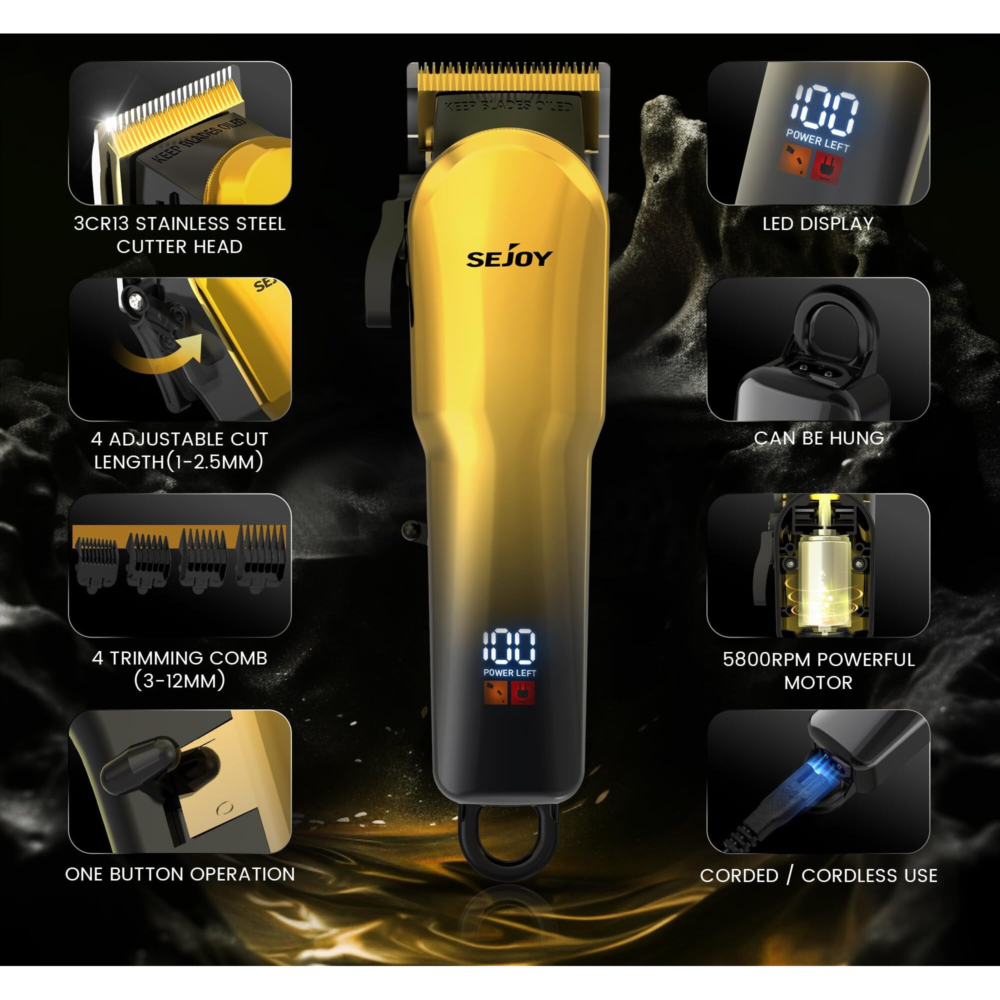 Hair Clippers For Men, Cordless Barber Hair Grooming Kit, Professional Hair Trimmer, Beard Trimmer,Rechargeable Home Haircut For Men Women Kids Children Led Display Usb Rechargeable Gold&Silver