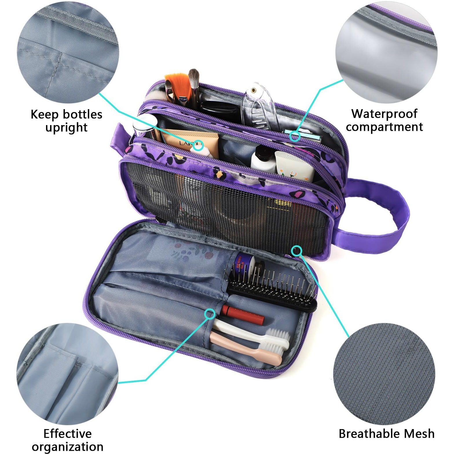 Vipdeal Kids Toiletry Bag For Girls, Travel Toiletry Bag For Little Young Girls Cosmetic Bag Makeup Bag Waterproof Hanging Wash Bag Toddler Toiletries, Leopard Purple