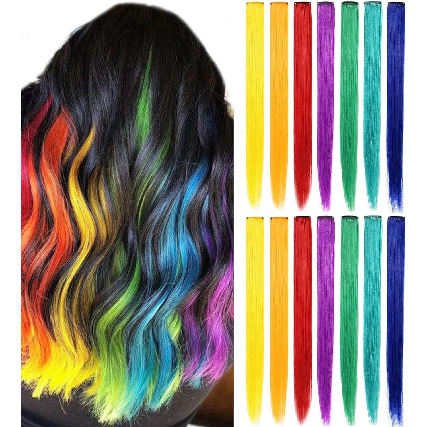 Iamerui 14Pcs Rainbow Hair Extensions Clip In, Colored Party Highlights Extension For Girls Synthetic Hairpiece Straight 21 Inch (Rainbow Color)