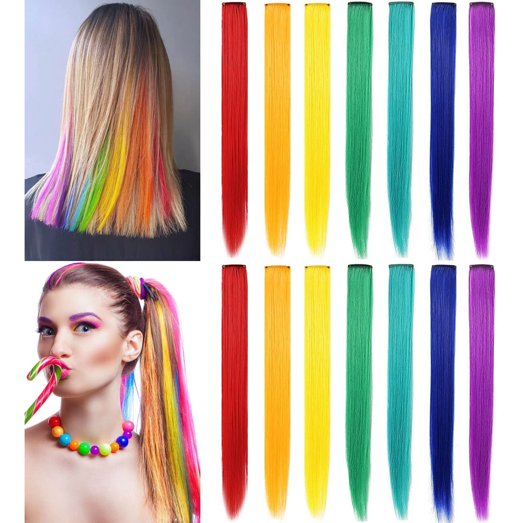 Iamerui 14Pcs Rainbow Hair Extensions Clip In, Colored Party Highlights Extension For Girls Synthetic Hairpiece Straight 21 Inch (Rainbow Color)