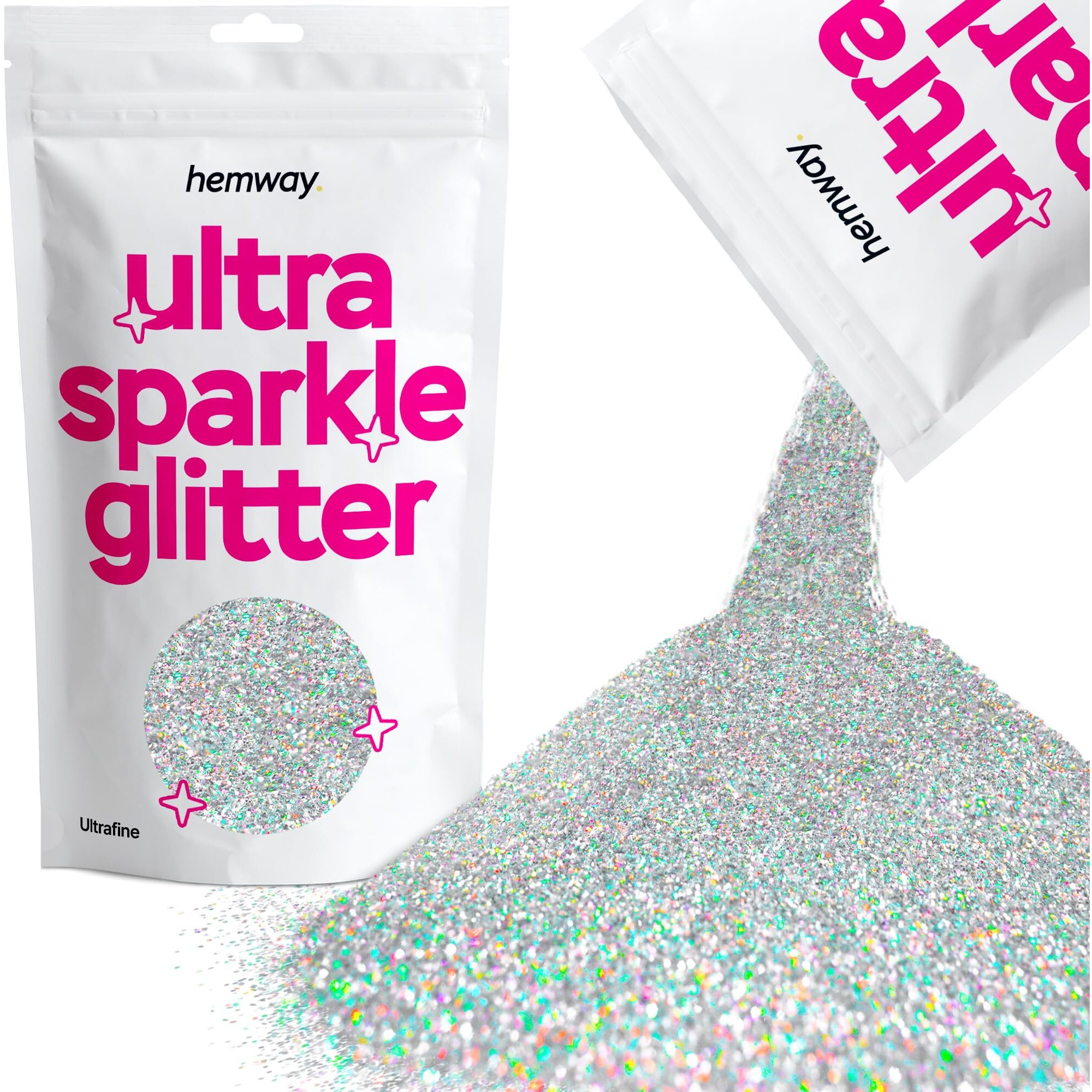 Hemway Premium Ultra Sparkle Glitter Multi-Purpose Metallic Flake For Nail Art, Cosmetic Graded, Makeup, Festival And Hair 100G / 3.5Oz - Ultrafine (1/128 0.008 0.2Mm) - Silver Holographic