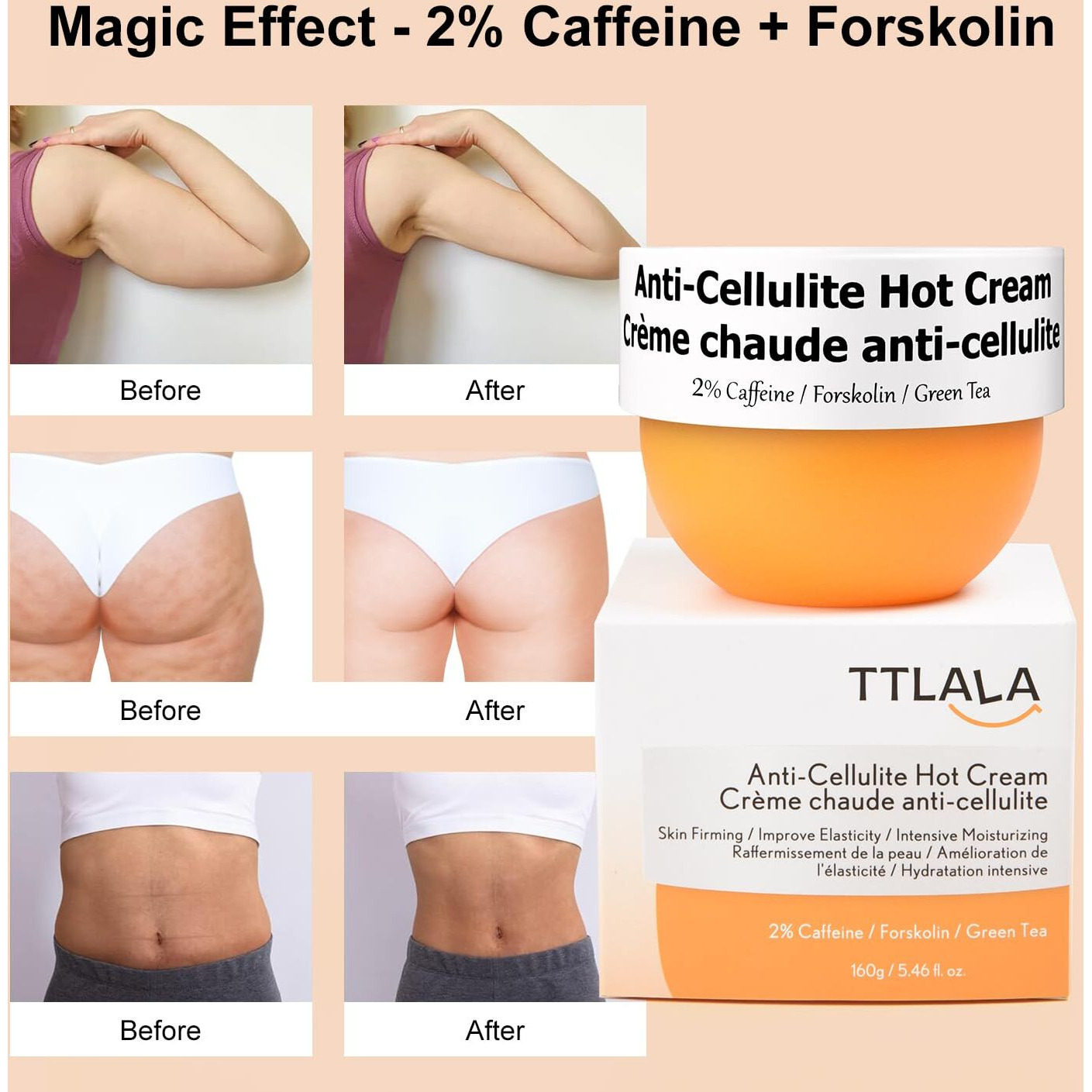 Anti Cellulite Cream For Butt And Thighs, Hot Cream With 2% Caffeine And Forskolin, B Flat Belly Firming Cream And Skin Tightening Cream For Skin Firming, Moisturizing 5.4 Oz