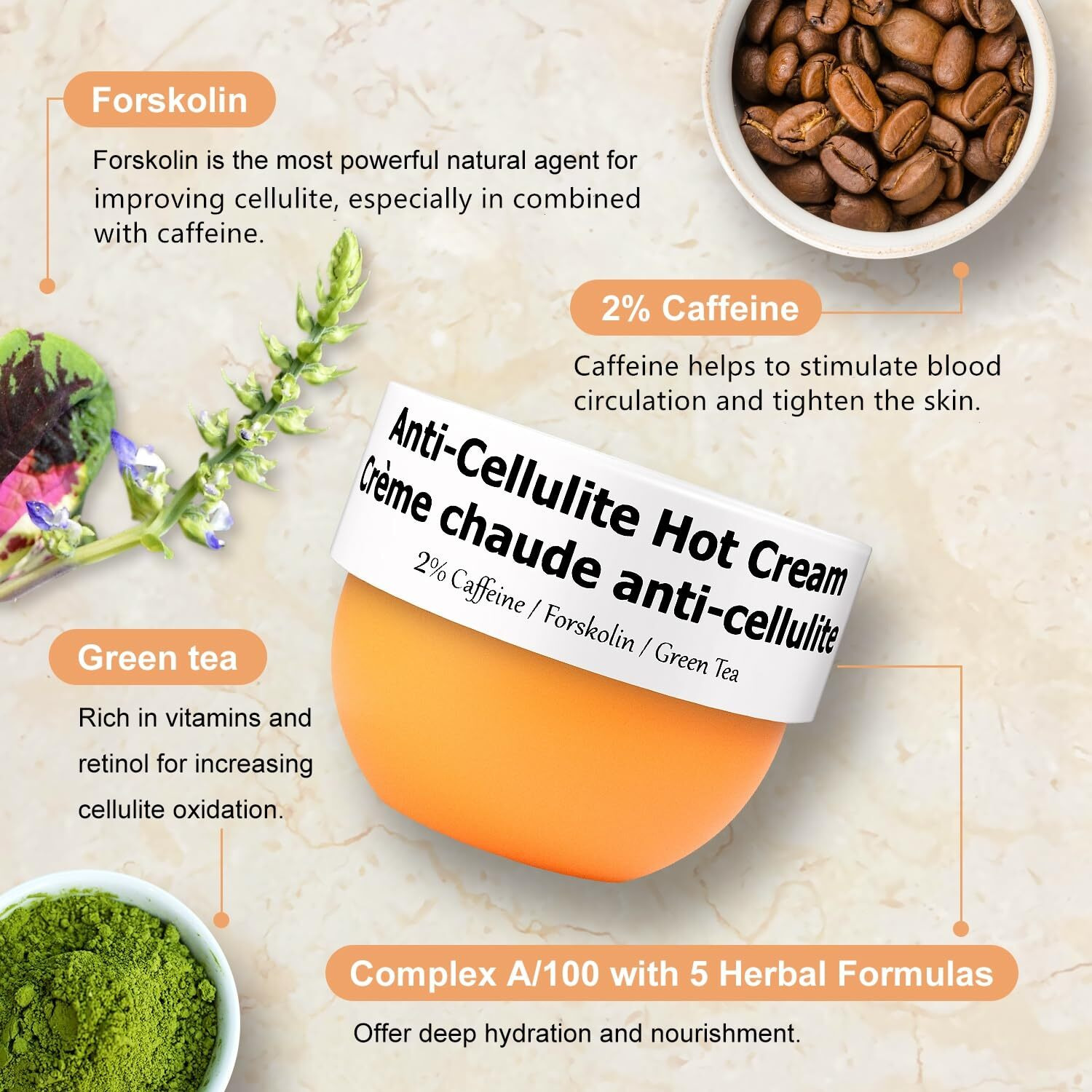 Anti Cellulite Cream For Butt And Thighs, Hot Cream With 2% Caffeine And Forskolin, B Flat Belly Firming Cream And Skin Tightening Cream For Skin Firming, Moisturizing 5.4 Oz