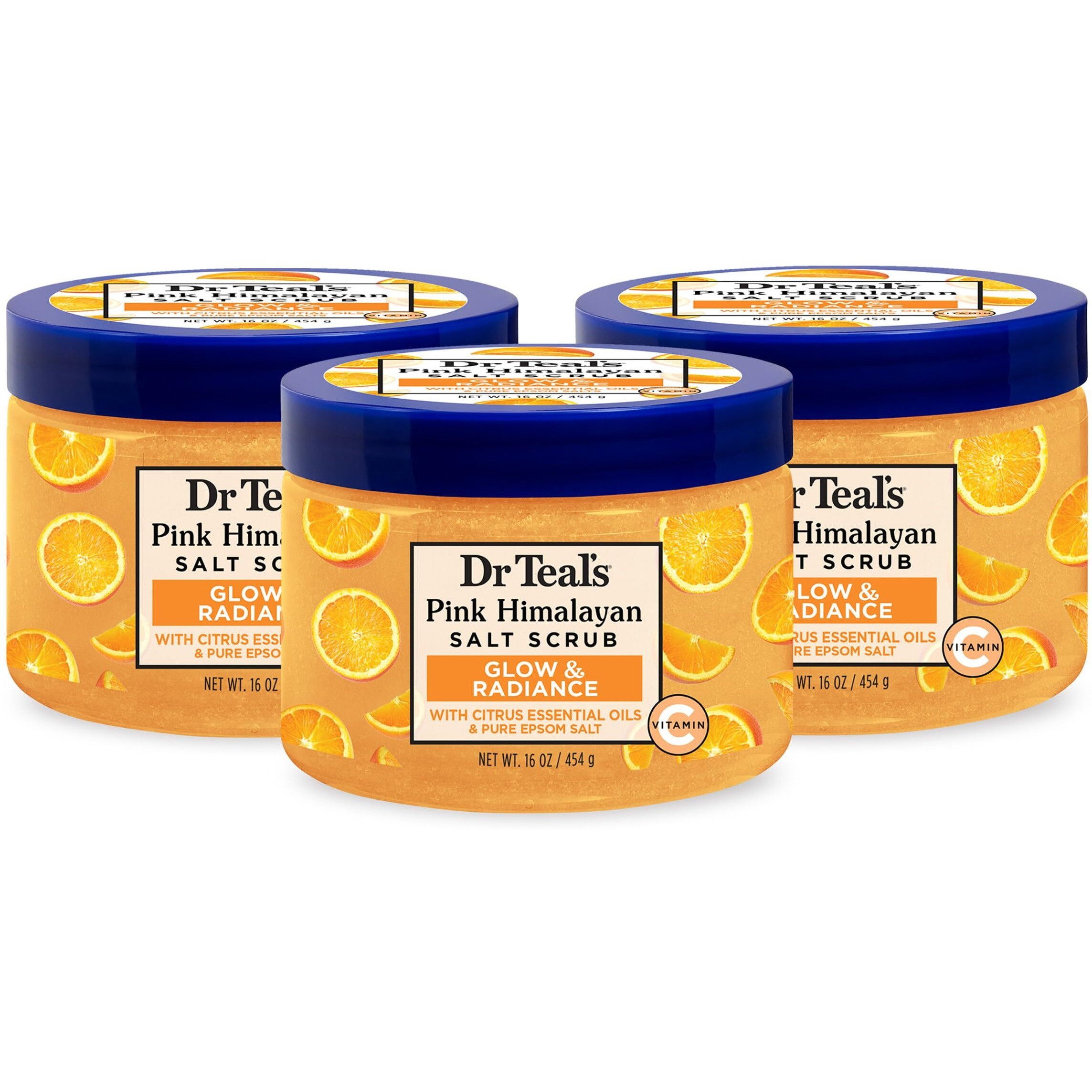 Dr Teal's Pink Himalayan Salt Body Scrub, Glow & Radiance With Pure Epsom Salt & Citrus Essential Oils 16 Oz (Pack Of 3) (Packaging May Vary)