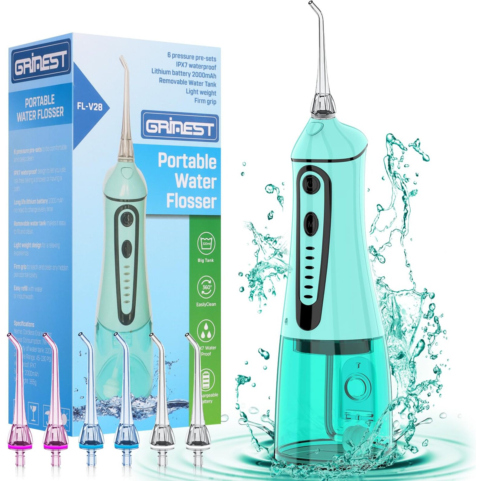 Water Dental Pik Flosser,Grinest 7 Modes Rechargeable Water Dental Picks For Teeth Cleaning Cordless Oral Irrigator Portable Ipx7 Waterproof Tooth Flossers For Home Travel-Green