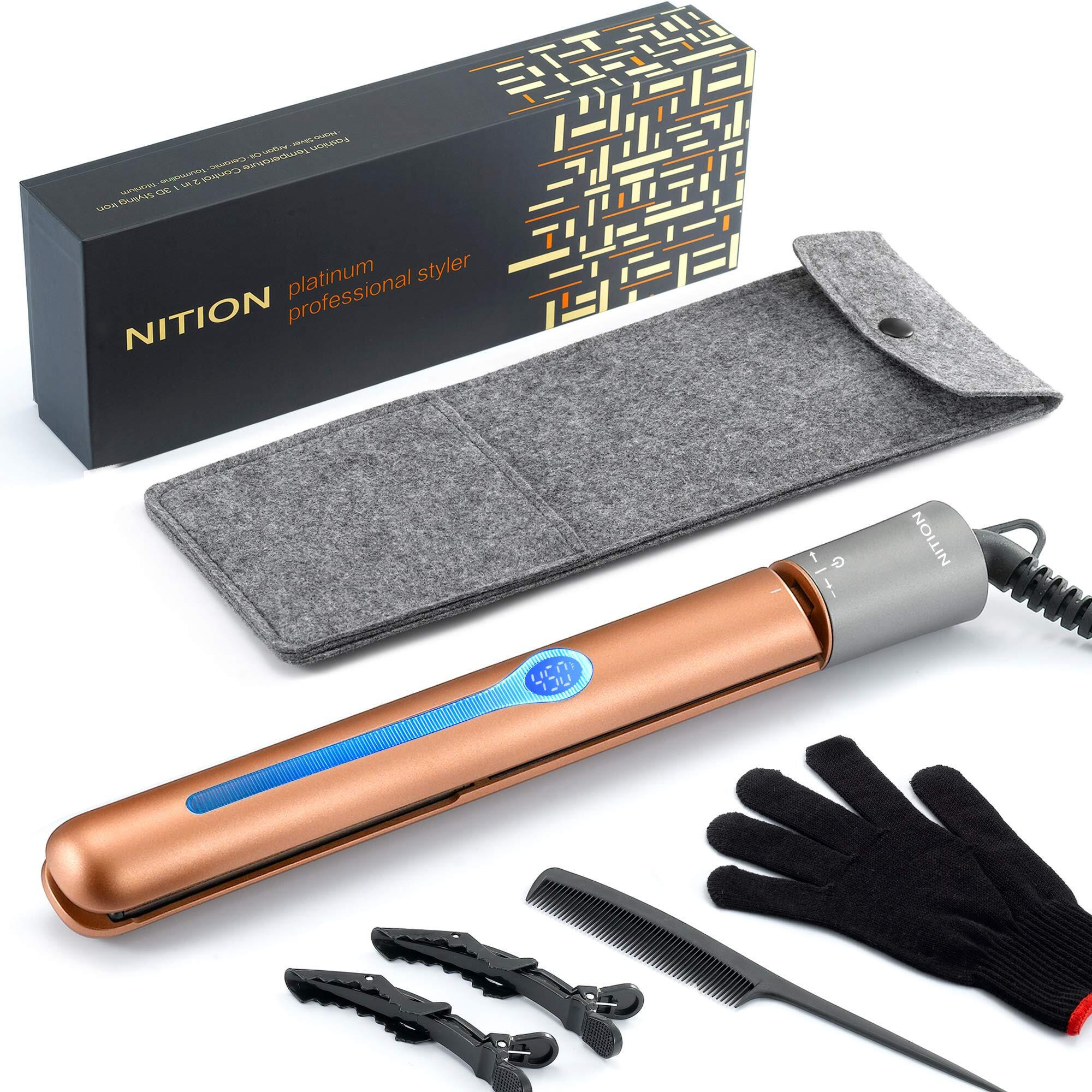 Nition Ceramic Tourmaline Flat Iron For Hair Lcd 1"" Hair Straighteners Mch Fast Heating Up Healthy Smooth Straightening Styling Tools With Travel Pouch Bag. 265-450F Adjustable 6 Temperatures Levels