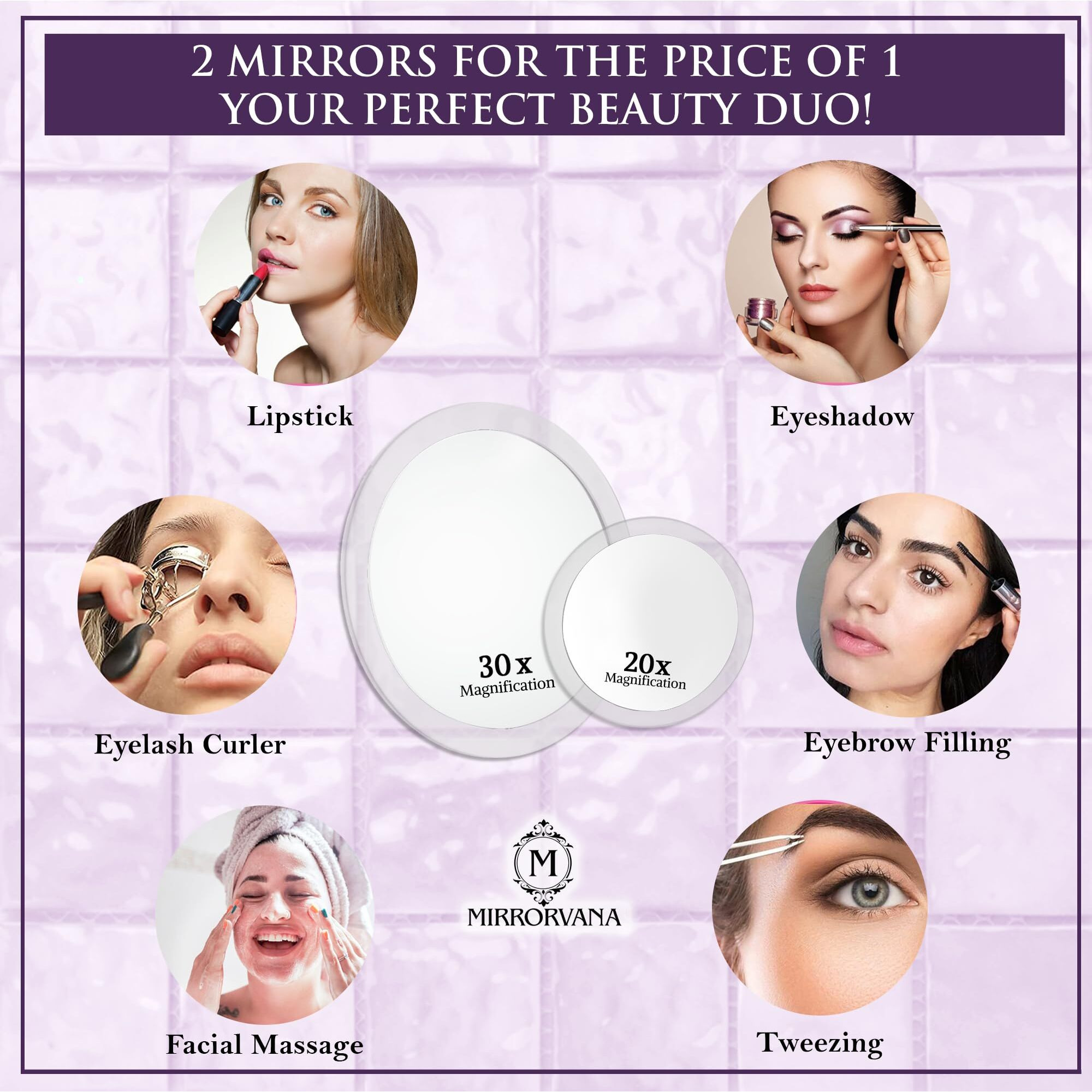Mirrorvana Super Zoom 30X & 20X Magnifying Mirror Set For Makeup - Ultra Precise, Strong Suction, Stick On Bathroom And Hollywood Mirrors, 4-Inch (20 X) & 6-Inch (30 X)