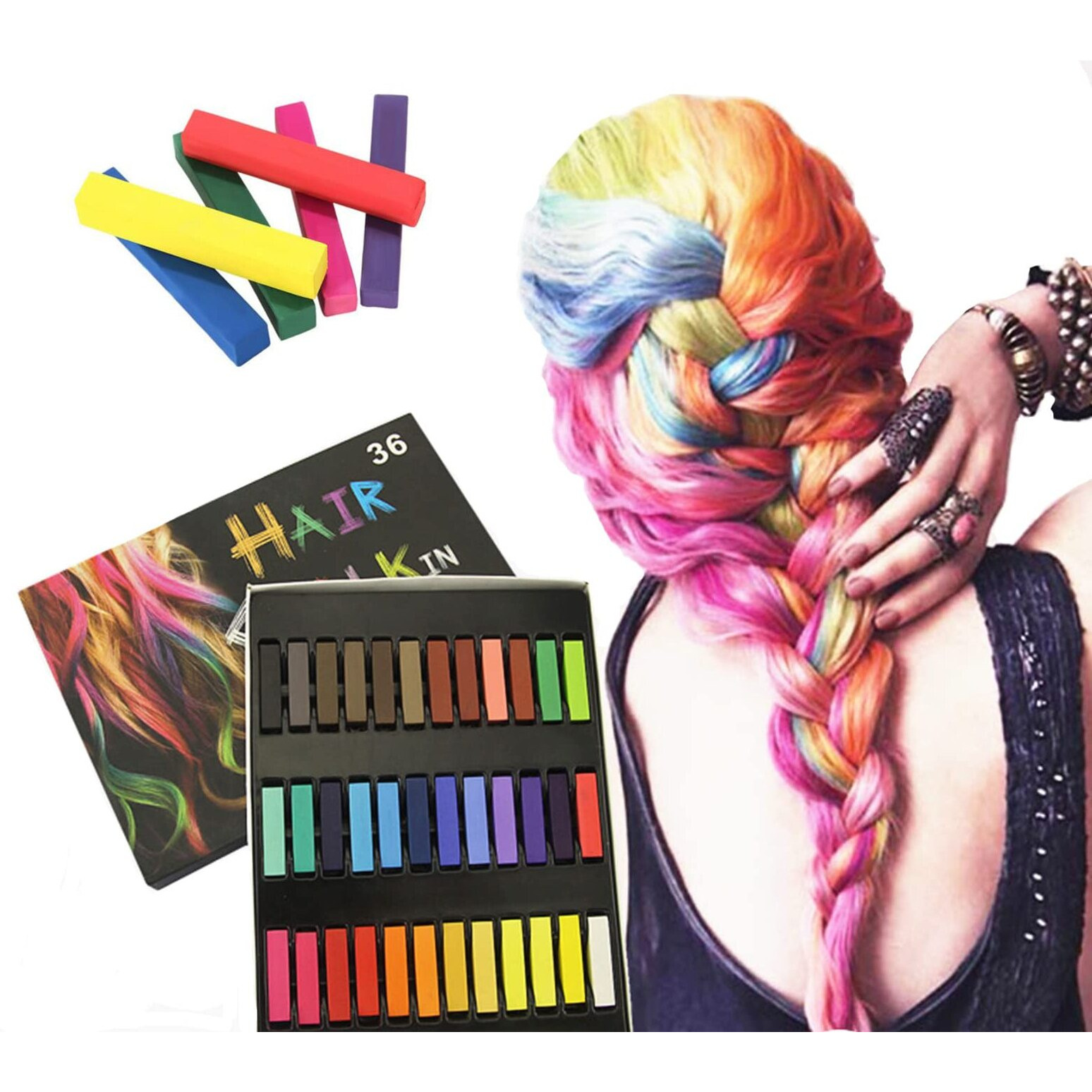 Joyeee Hair Chalk For Kids, Blue Hair Chalk, 36 Colors Deluxe Black Green Brown Gray Red Blonde Purple Pink Hair Chalk, Night Before Christmas Gifts For Daughter, Friends And Sister, Toxin-Free