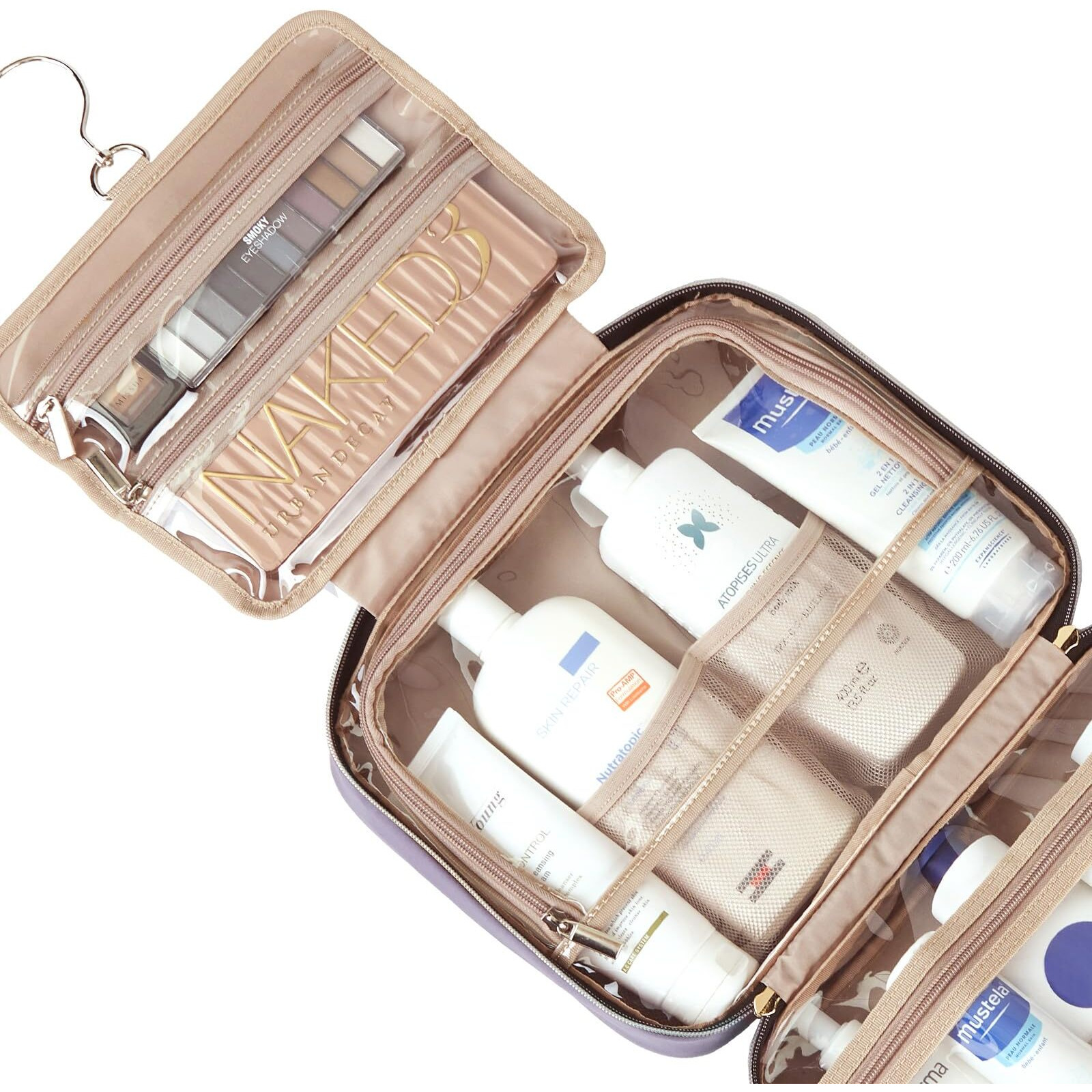 Nishel Travel Toiletry Bag For Women, Portable Hanging Organizer For Full-Sized Shampoo, Conditioner, Brushes Set, Travel-Size Accessories, Purple