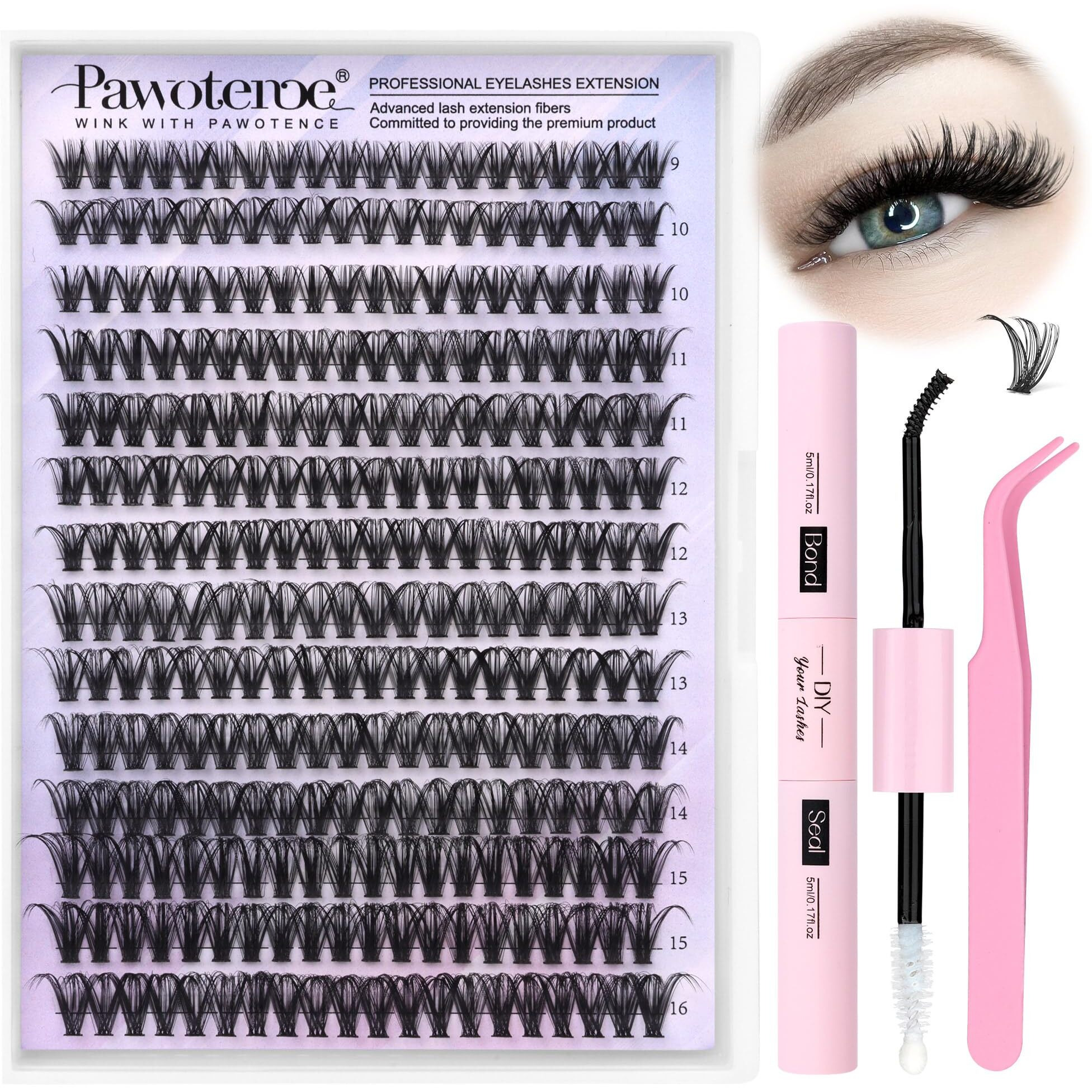 Pawotence Lash Clusters Kit 40D Curl Individual Lash Extension Kit Diy 280Pcs 9-16Mm Cluster Eyelash Extension Kit With Lash Bond And Seal, Lash Tweezers For Self Use (40D-0.07D-9-16Mix Kit)