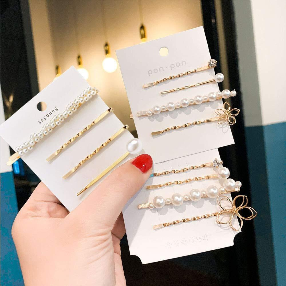 Hair Pins With Pearls,Whitebridge 12Pcs Vintage Pearl Hair Bobby Pins Metallic Flower Barrettes Combination Hair Clips For Women Girls, Shiny Crystal Diamand Bobby Pins