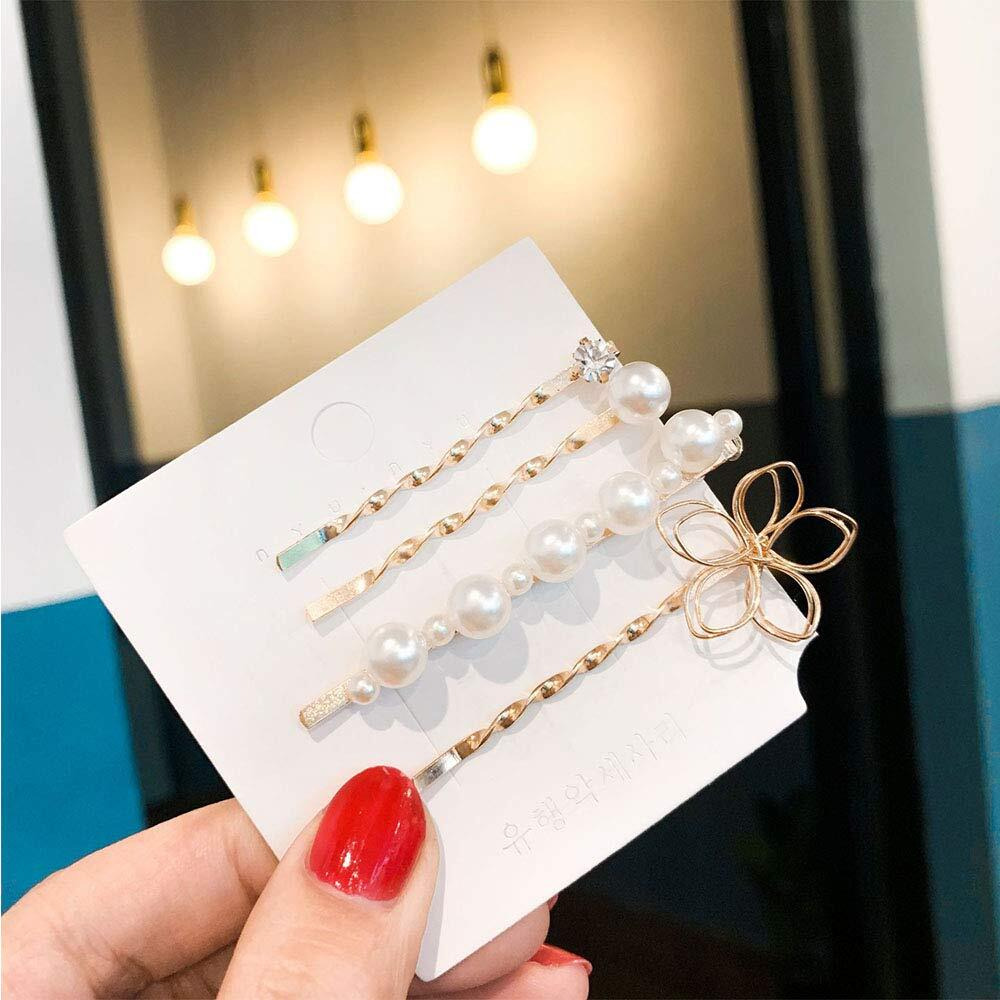 Hair Pins With Pearls,Whitebridge 12Pcs Vintage Pearl Hair Bobby Pins Metallic Flower Barrettes Combination Hair Clips For Women Girls, Shiny Crystal Diamand Bobby Pins