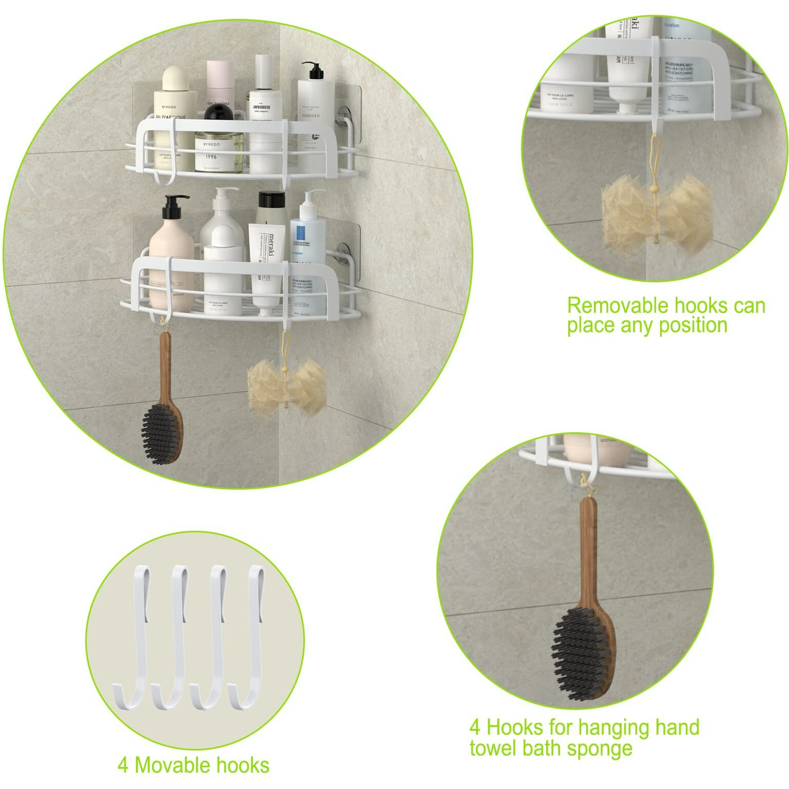 Steugo 2-Pack Corner Shower With 4 Hooks Adhesive, Bathroom Shower Rack Rust Resistant Sus304 Stainless Steel For Dorm Bathroom Kitchen Storage (White)