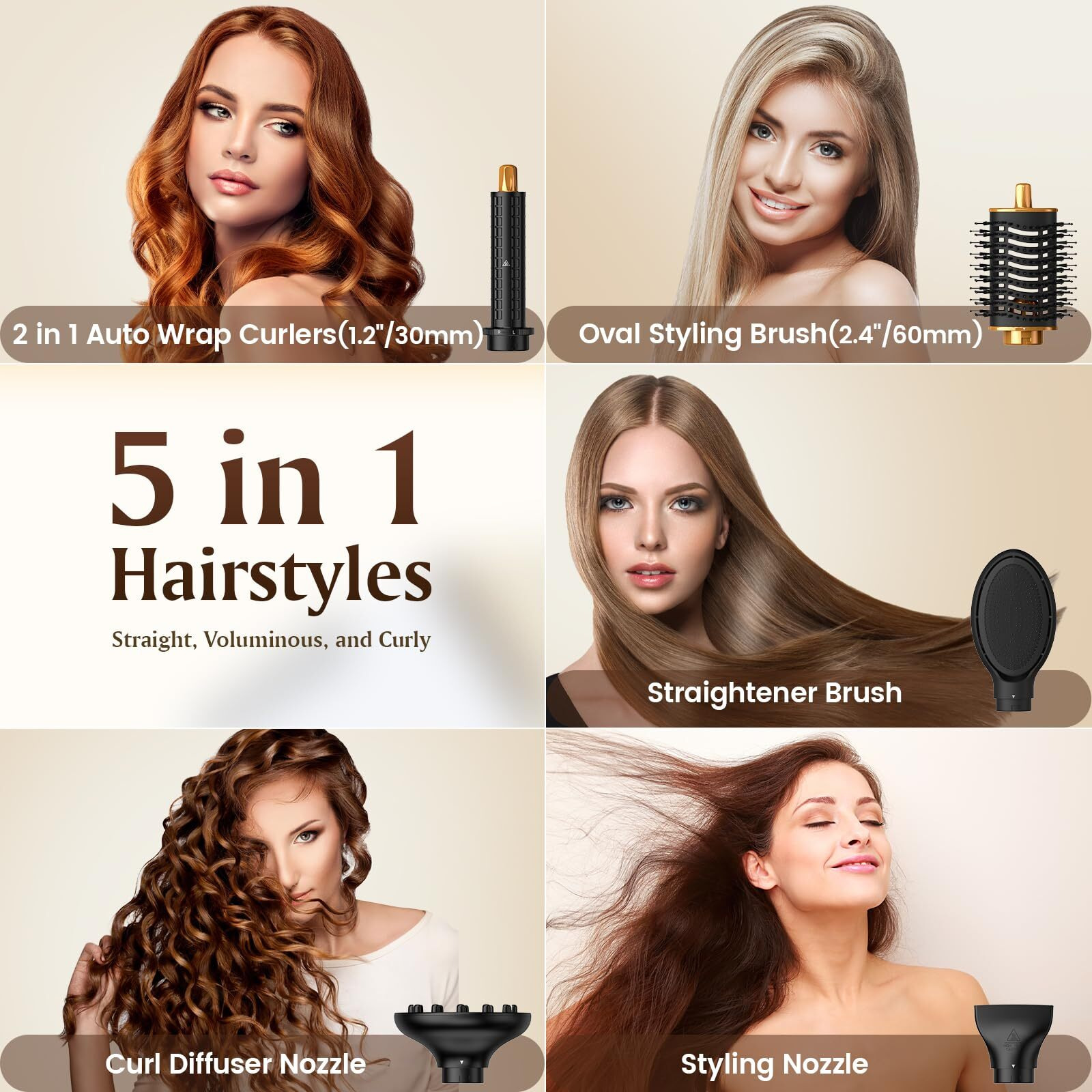 Supgaliy 5 In 1 Air Styler, 110,000 Rpm High-Speed Powerful Hair Dryer Brush & Multi-Styler With Auto-Wrap Curler, Cushion Massager Brush, Oval Brush, Diffuser, Nozzle Attachment