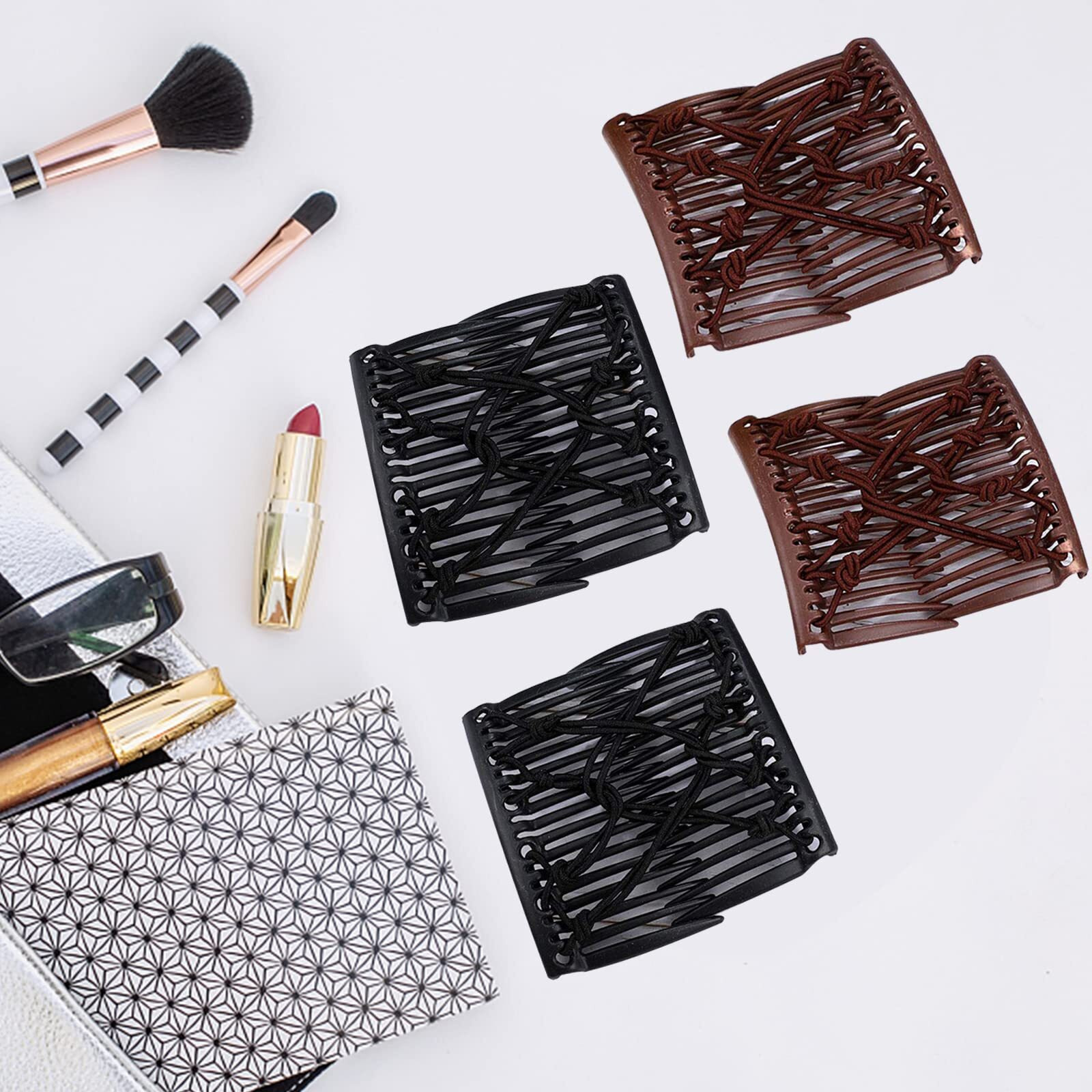 4 Pieces Stretchy Double Comb Hair Clip Adjustable Elastic Hair Comb For Thick Curly Hair Adjustable Majic Hair Clip Comb Hair Accessories(Coffee And Black)