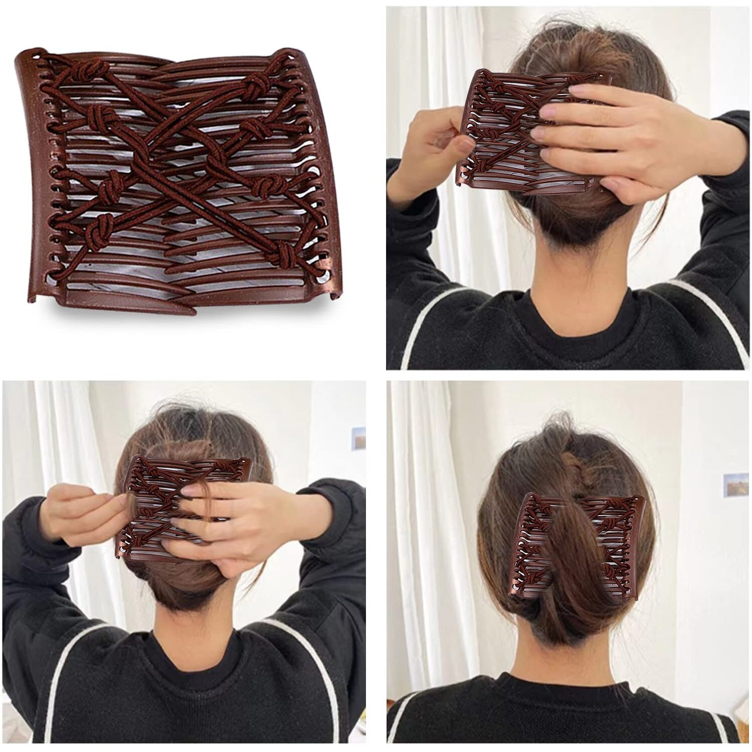 4 Pieces Stretchy Double Comb Hair Clip Adjustable Elastic Hair Comb For Thick Curly Hair Adjustable Majic Hair Clip Comb Hair Accessories(Coffee And Black)