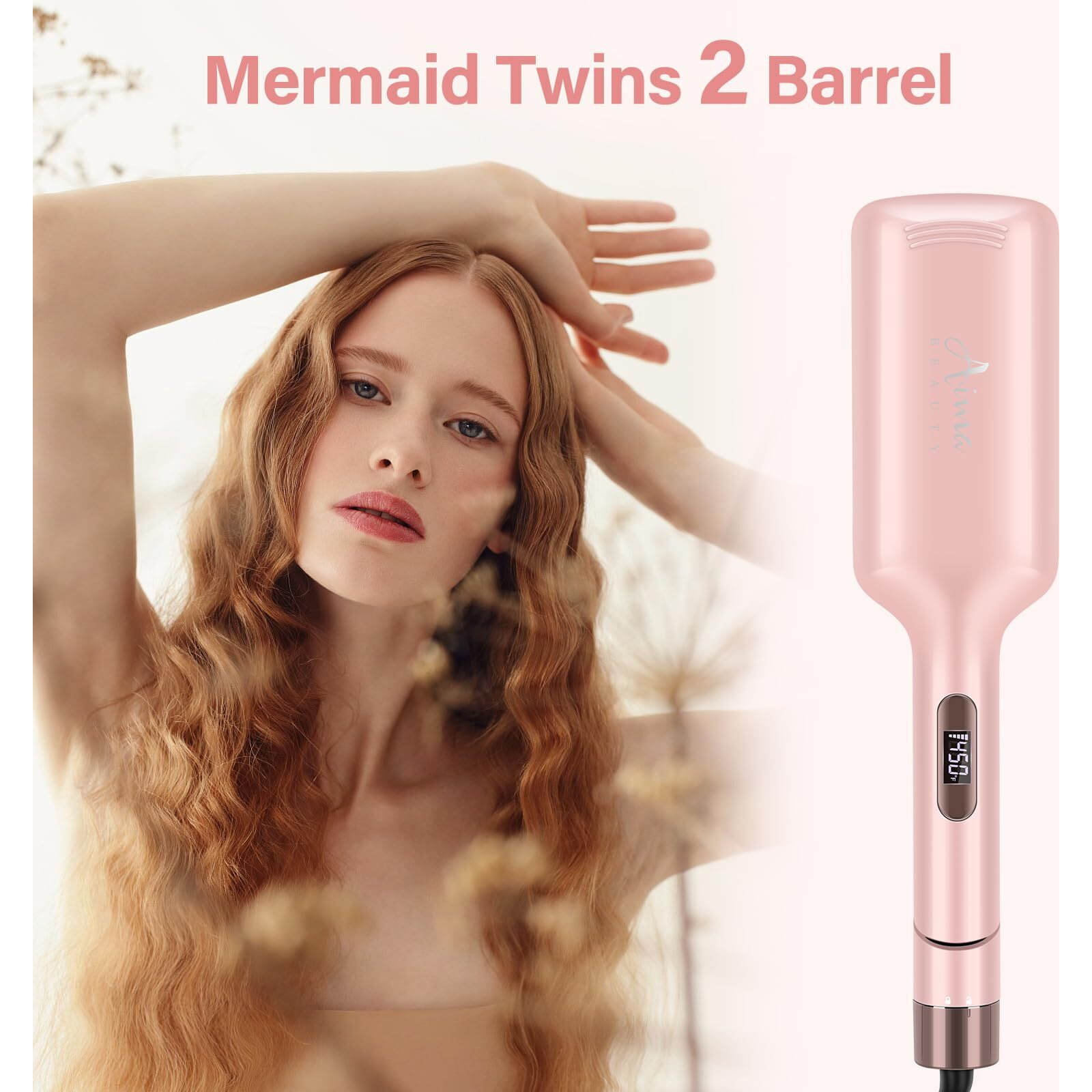 32Mm (1.25"") Aima Beauty Twins Mermaid Hair Waver, Anti-Scald Wave Curling Iron, Curling Wand 2 Barrel Hair Crimper For Women Ptc 15S Heats Up For Short/Medium/Long Hair Pink Color