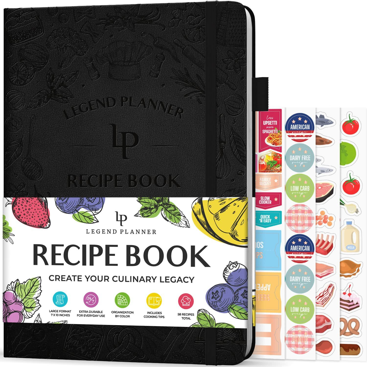 Legend Recipe Book - Blank Family Cookbook To Write In Your Own Recipes - Empty Cooking Journal - Personalized Cooking Notebook, Hardcover, Large 7   X10    Format, 58 Recipes Total (Black)