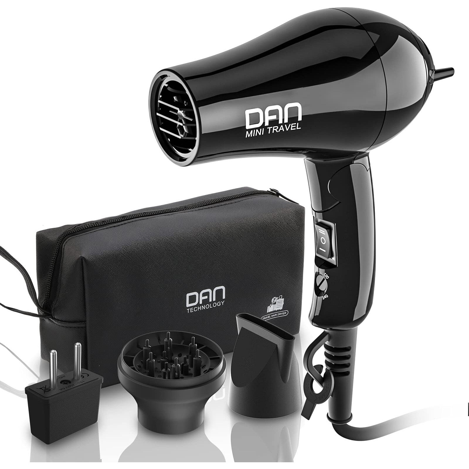 Dan Technology Travel Hair Dryer,Compact Hair Dryer,Portable Mini Blow Dryer With Concentrator&Diffuser,European Hair Dryer With European Plug,Folding Handle Lightweight,Fast Drying For Women And Men