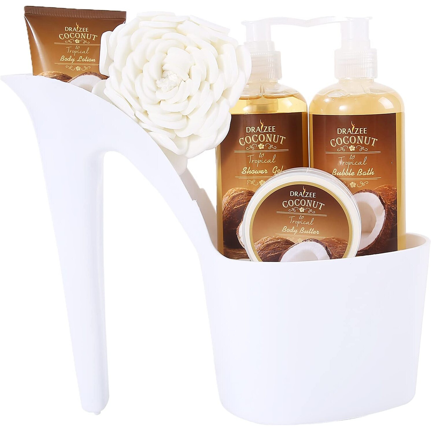 Spa Gift For Women - 5 Pcs Luxury Heel Shoe Spa Basket For Women Coconut Scent Home Relaxation Set W/ Body Lotion & Butter, Shower Gel, Bubble Bath - Birthday, Self Care Gifts For Women By Draizee