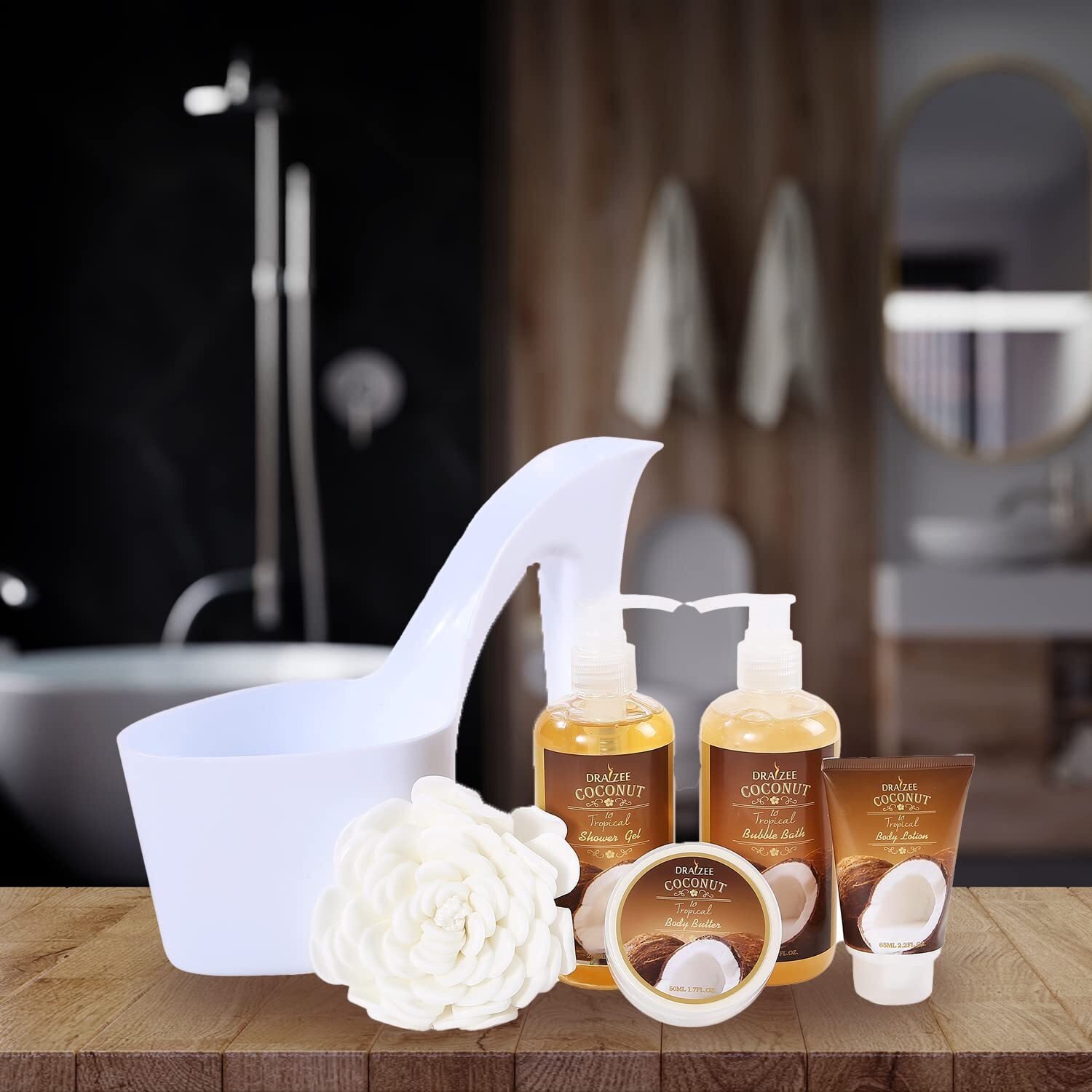 Spa Gift For Women - 5 Pcs Luxury Heel Shoe Spa Basket For Women Coconut Scent Home Relaxation Set W/ Body Lotion & Butter, Shower Gel, Bubble Bath - Birthday, Self Care Gifts For Women By Draizee