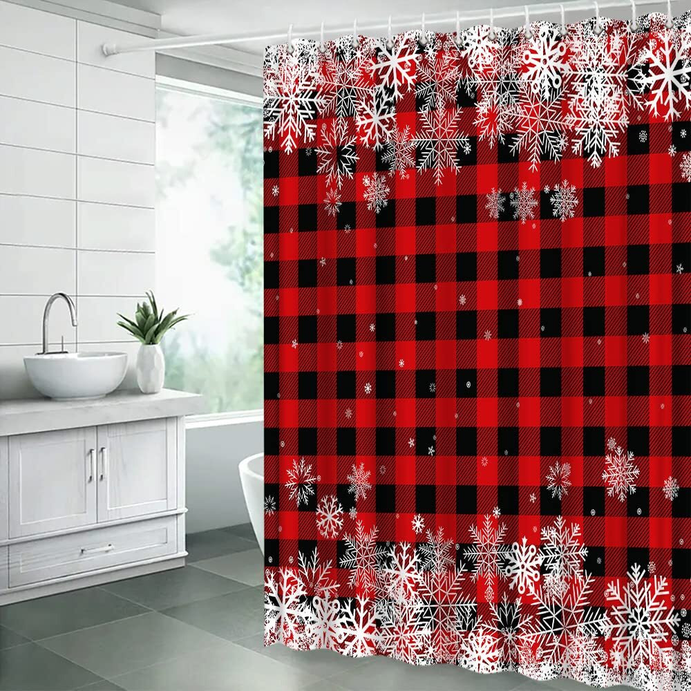 Jirgixa Rustic Christmas Shower Curtain Red Black Buffalo Check Plaid White Snowflake Vintage Farmhouse Winter Holiday Merry Christmas Happy New Year Fabric Bathroom Decor Curtain Sets With Hooks