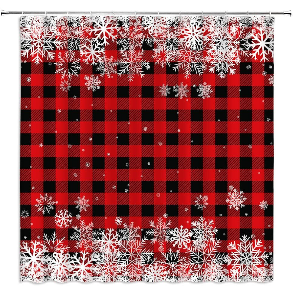 Jirgixa Rustic Christmas Shower Curtain Red Black Buffalo Check Plaid White Snowflake Vintage Farmhouse Winter Holiday Merry Christmas Happy New Year Fabric Bathroom Decor Curtain Sets With Hooks