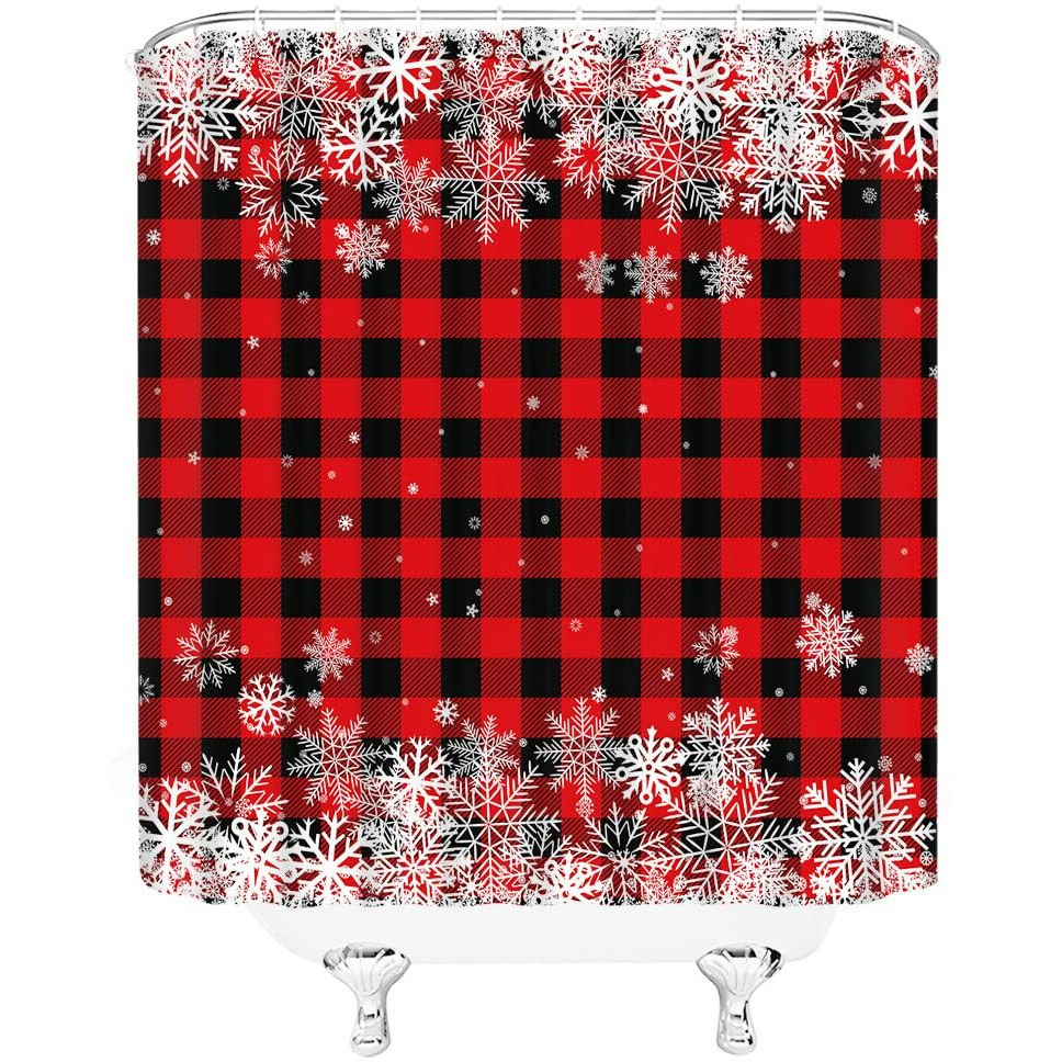 Jirgixa Rustic Christmas Shower Curtain Red Black Buffalo Check Plaid White Snowflake Vintage Farmhouse Winter Holiday Merry Christmas Happy New Year Fabric Bathroom Decor Curtain Sets With Hooks