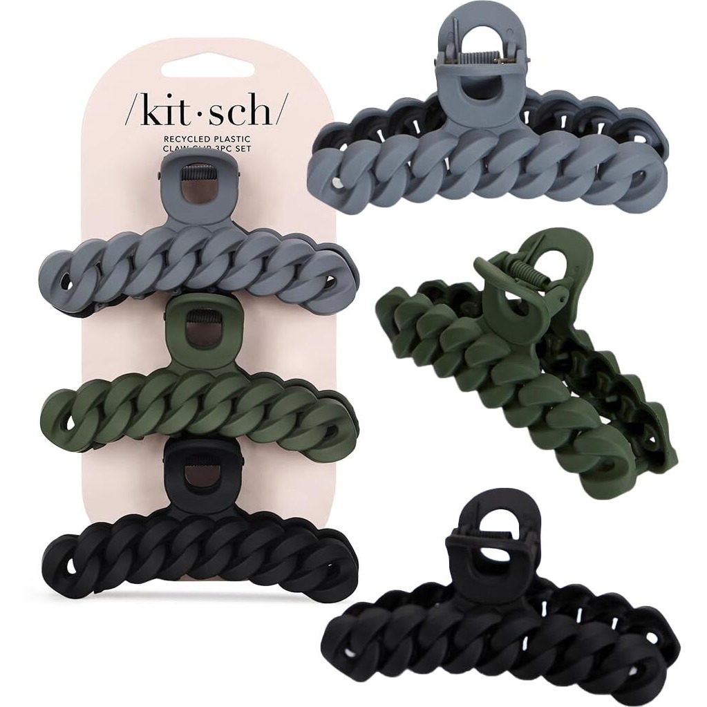 Kitsch Recycled Plastic Large Claw Clip - Big Chain Hair Clips For Women | Large Hair Claw Clips & Jaw Clips| Big Claw Clips For Thick Hair | Claw Hair Clips For Girls (3Pc Set Black/Moss)